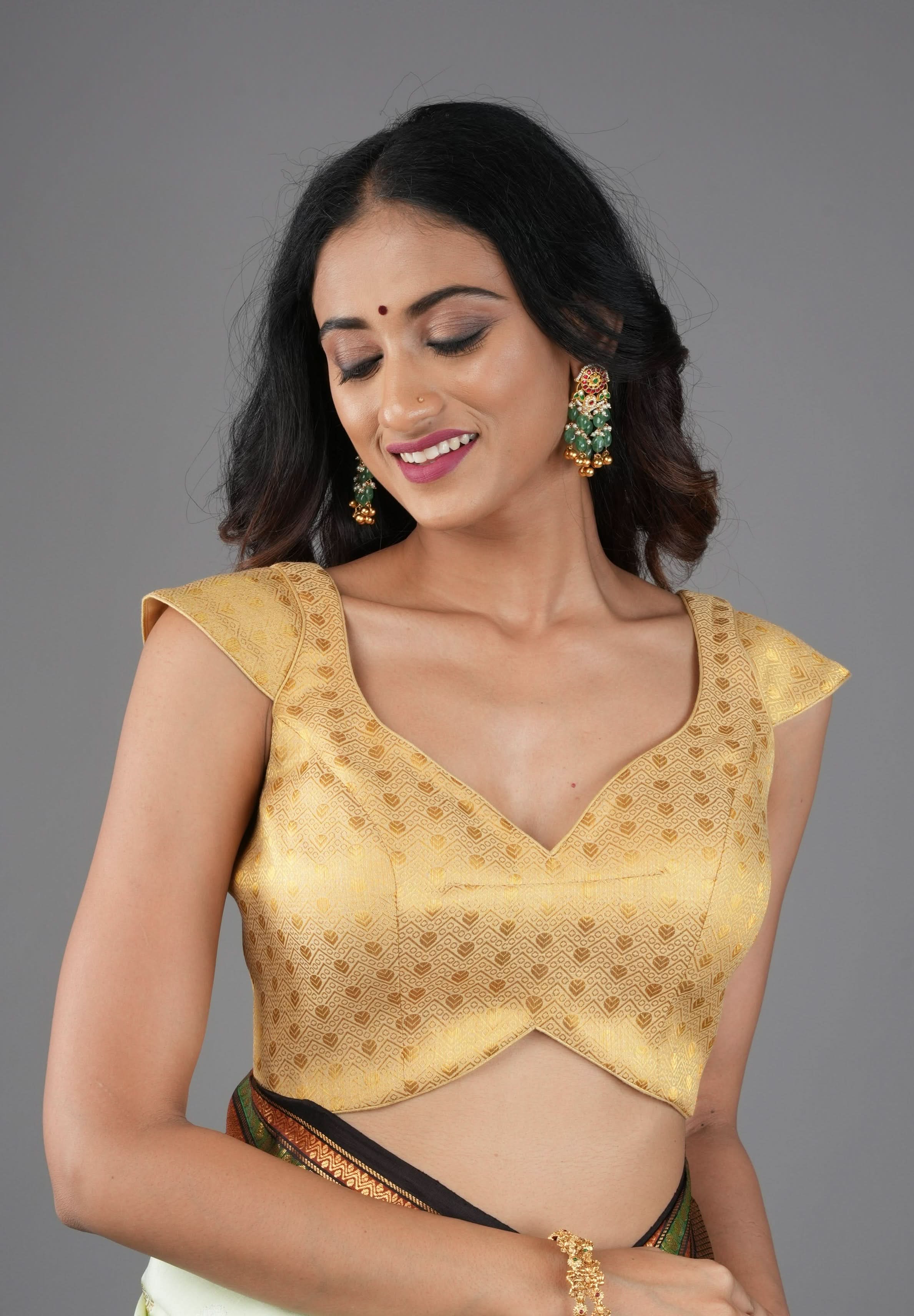 Golden Brocade blouse with Cap Sleeve and Leaf Neck, Customizable, Made To Order | Shobitam