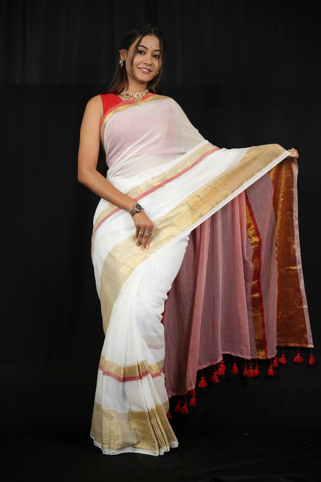 Mulmul Cotton with Opulent Gold Zari Border & Crimson Pallu Ready To wear Saree