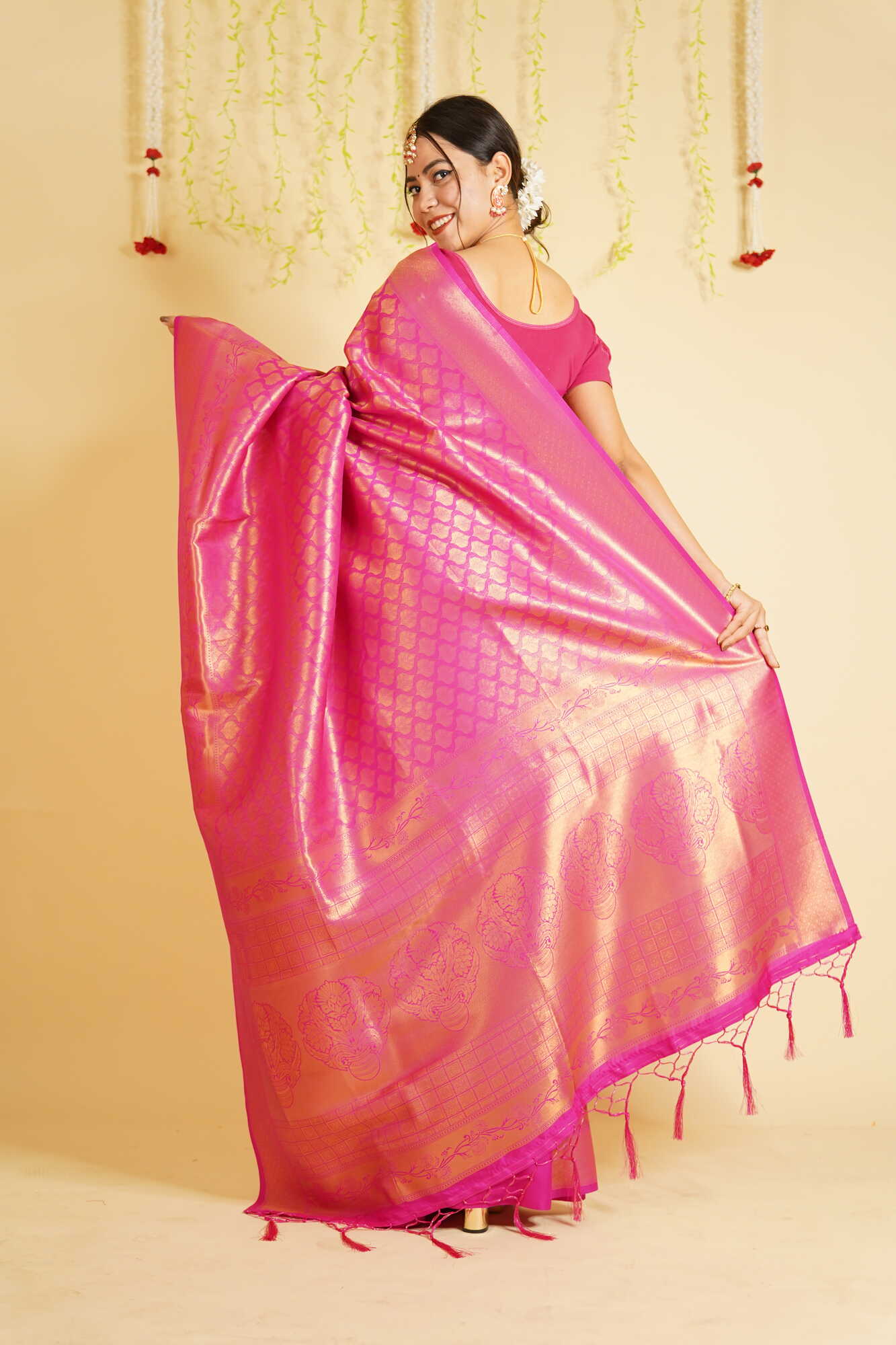 Ready to Wear Pink & Gold-Toned Woven Banarasi Saree Wrap in 1 minute saree With Readymade Blouse - Isadora Life Online Shopping Store