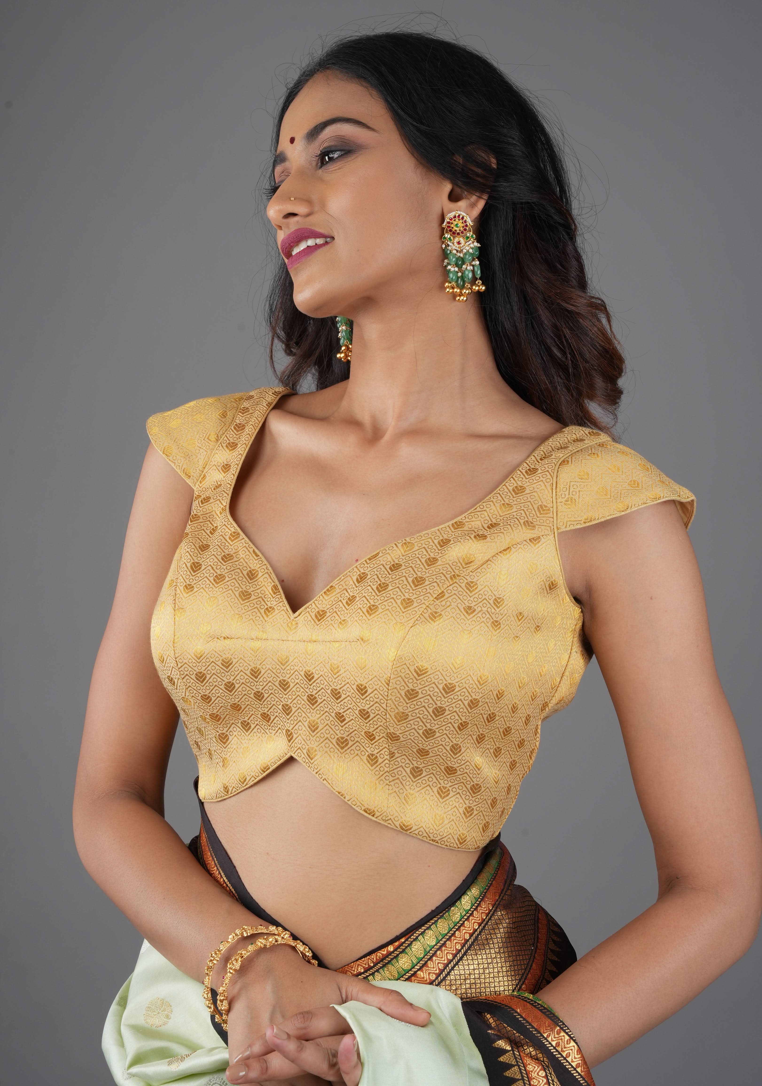 Golden Brocade blouse with Cap Sleeve and Leaf Neck, Customizable, Made To Order | Shobitam