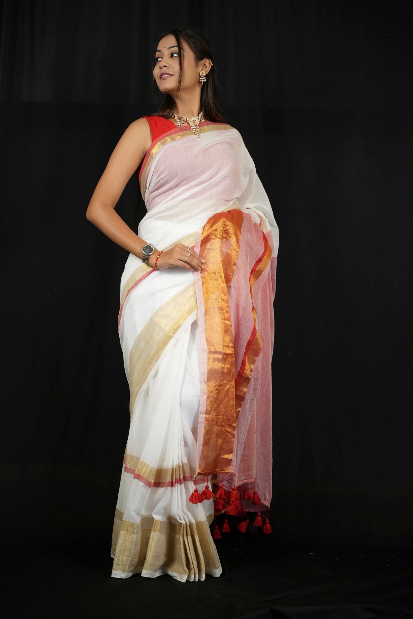 Mulmul Cotton with Opulent Gold Zari Border & Crimson Pallu Ready To wear Saree