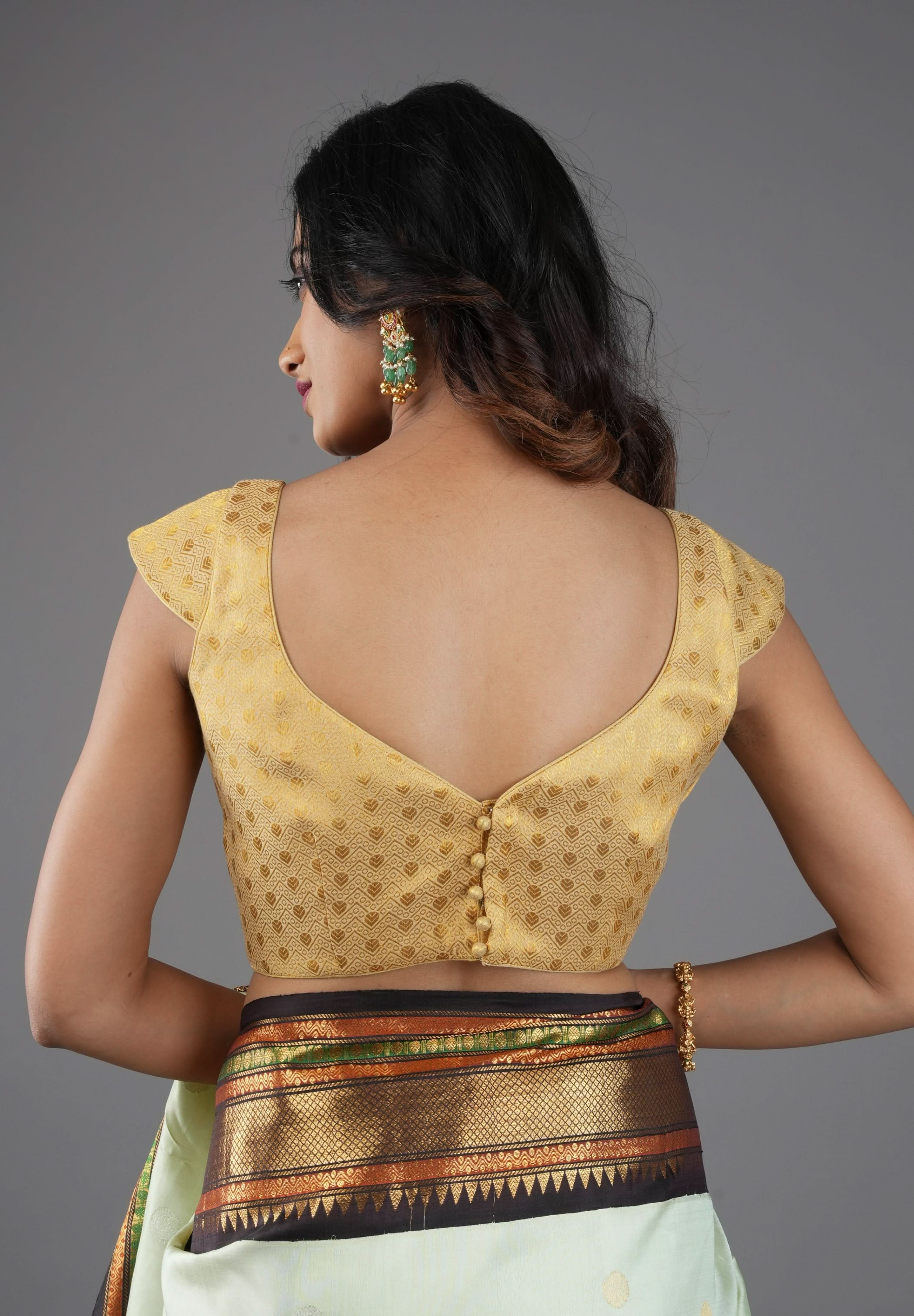 Golden Brocade blouse with Cap Sleeve and Leaf Neck, Customizable, Made To Order | Shobitam