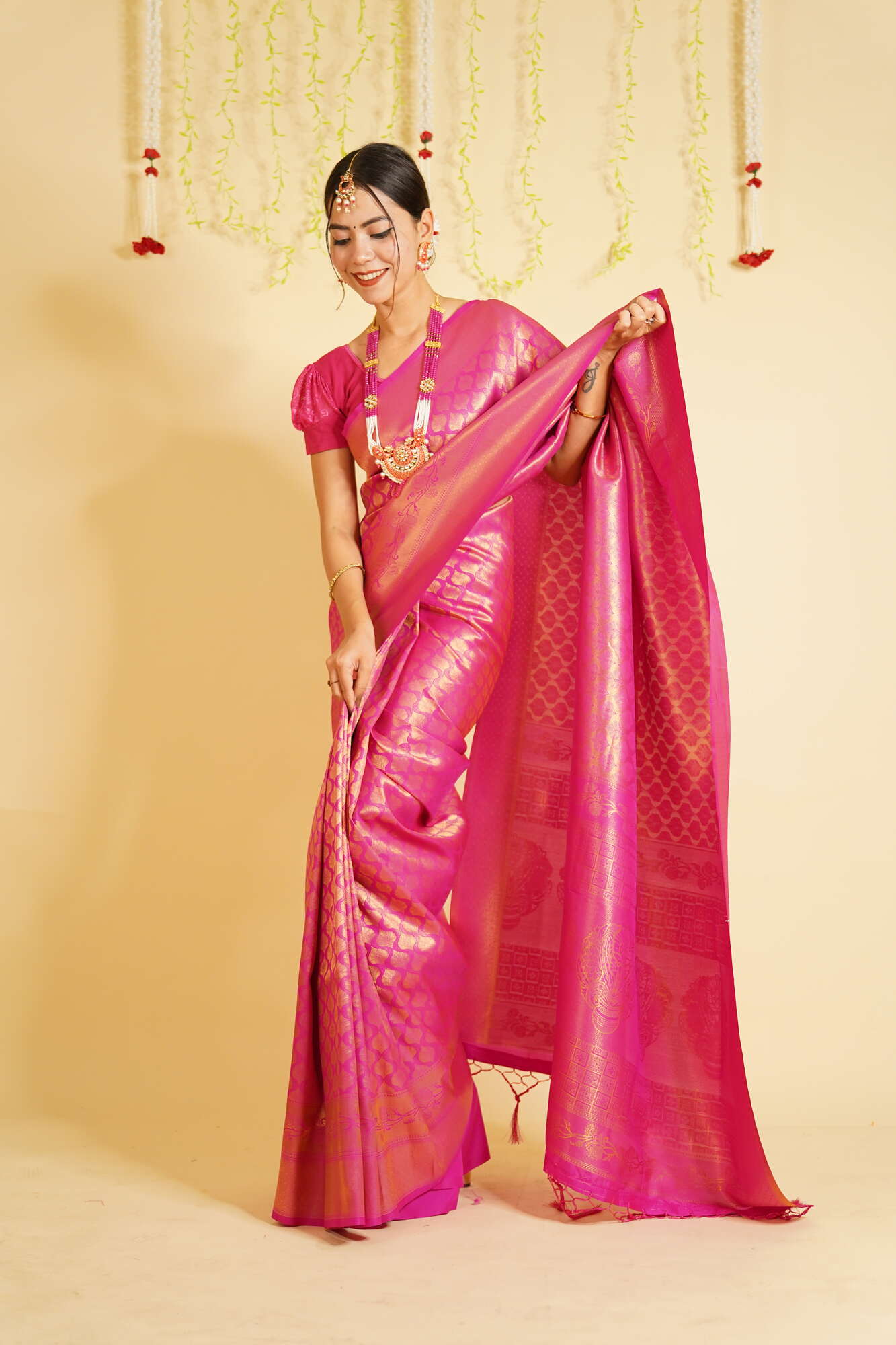 Ready to Wear Pink & Gold-Toned Woven Banarasi Saree Wrap in 1 minute saree With Readymade Blouse - Isadora Life Online Shopping Store