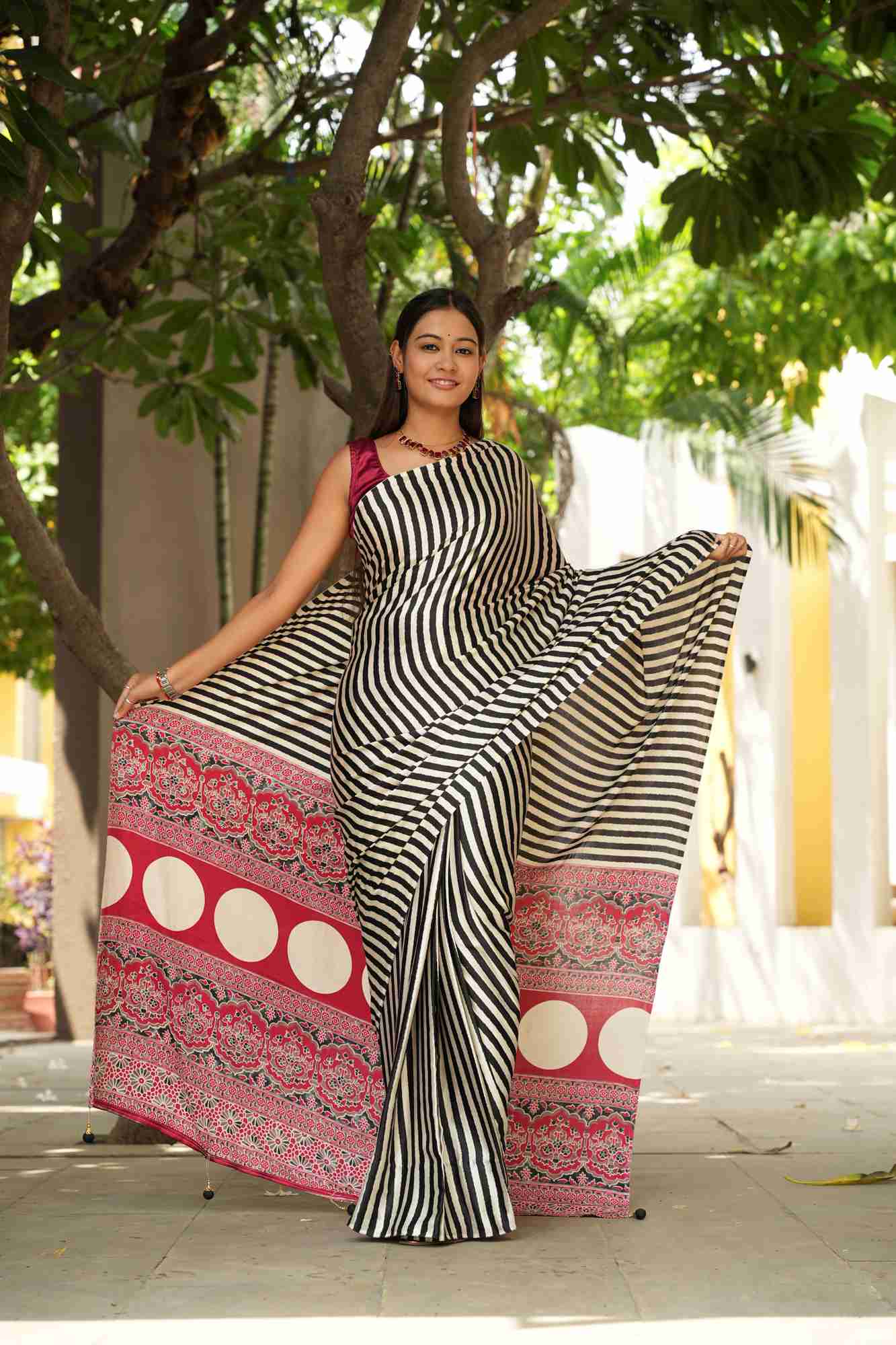 Soft Silk Striped with Ajrakh Hand Block Printed Ready To Wear Saree