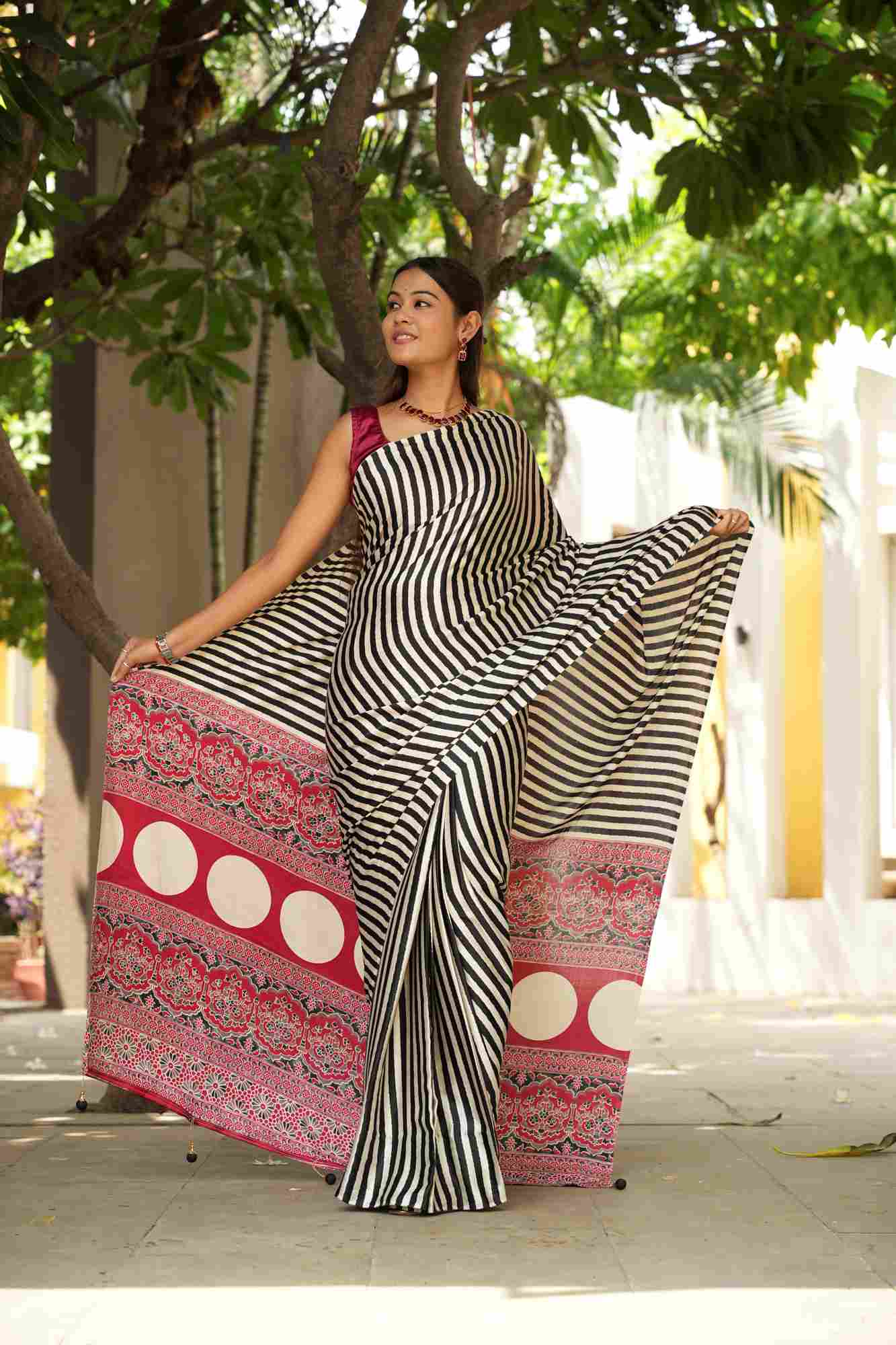 Soft Silk Striped with Ajrakh Hand Block Printed Ready To Wear Saree