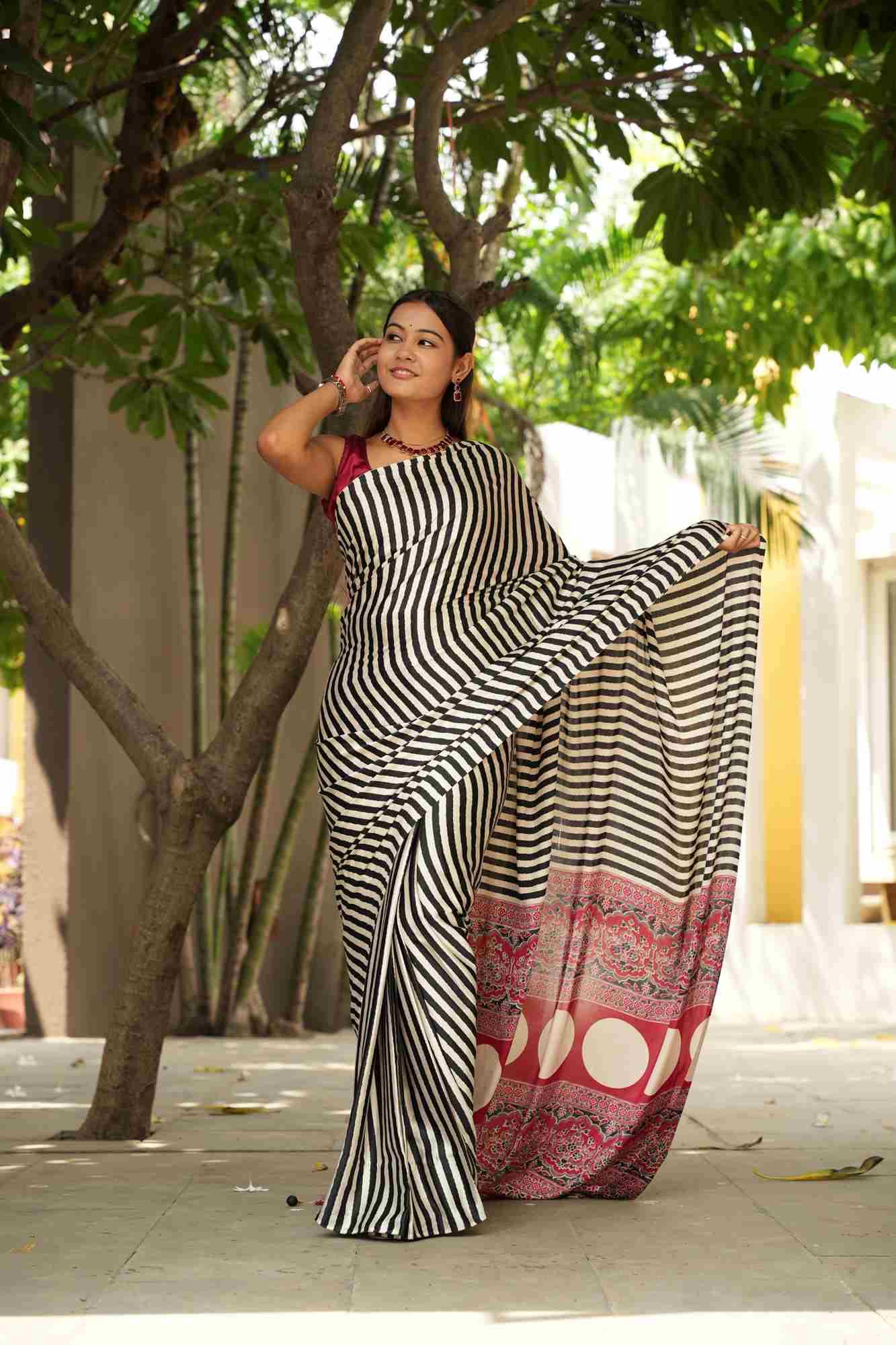 Soft Silk Striped with Ajrakh Hand Block Printed Ready To Wear Saree