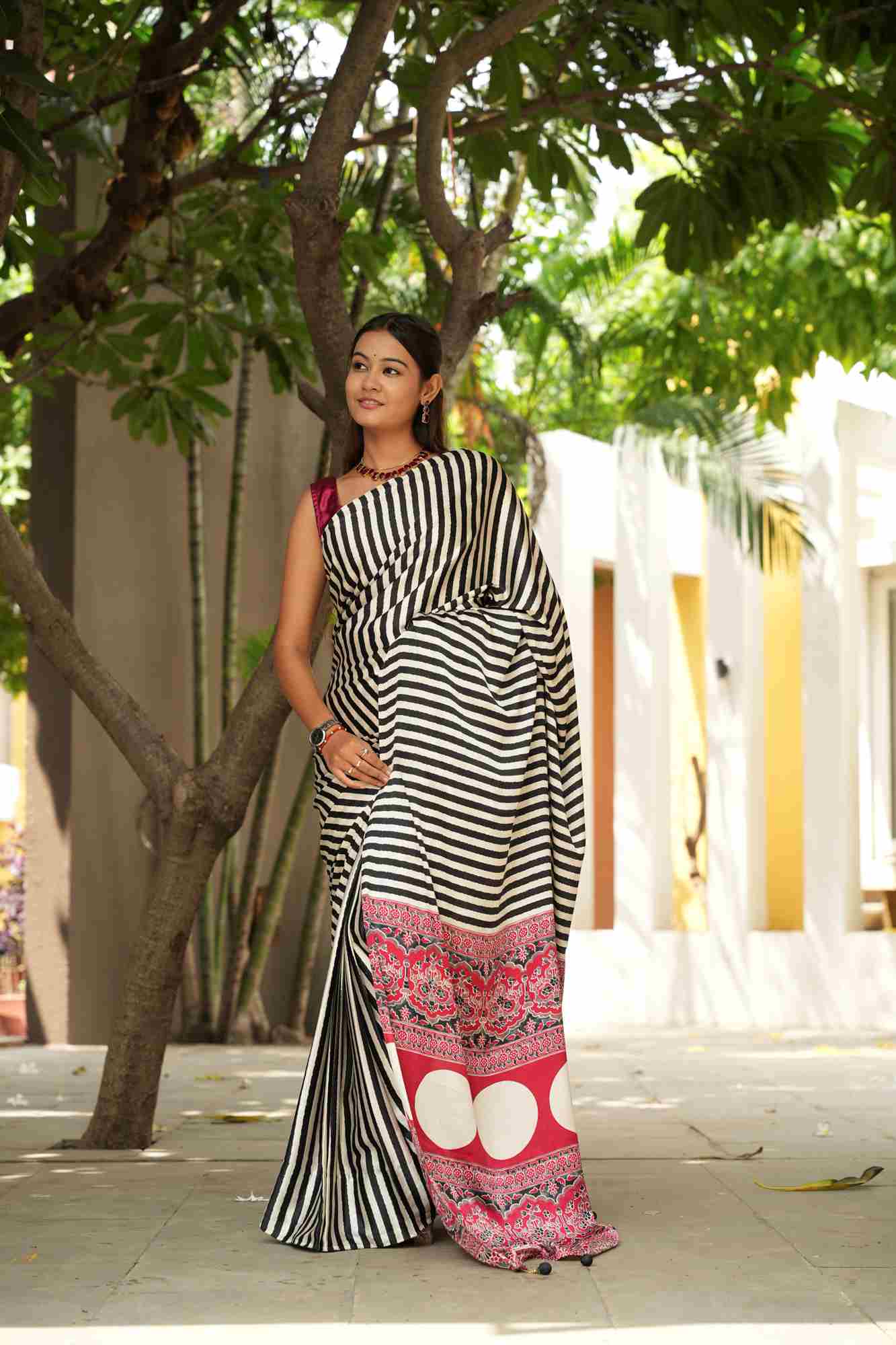 Soft Silk Striped with Ajrakh Hand Block Printed Ready To Wear Saree