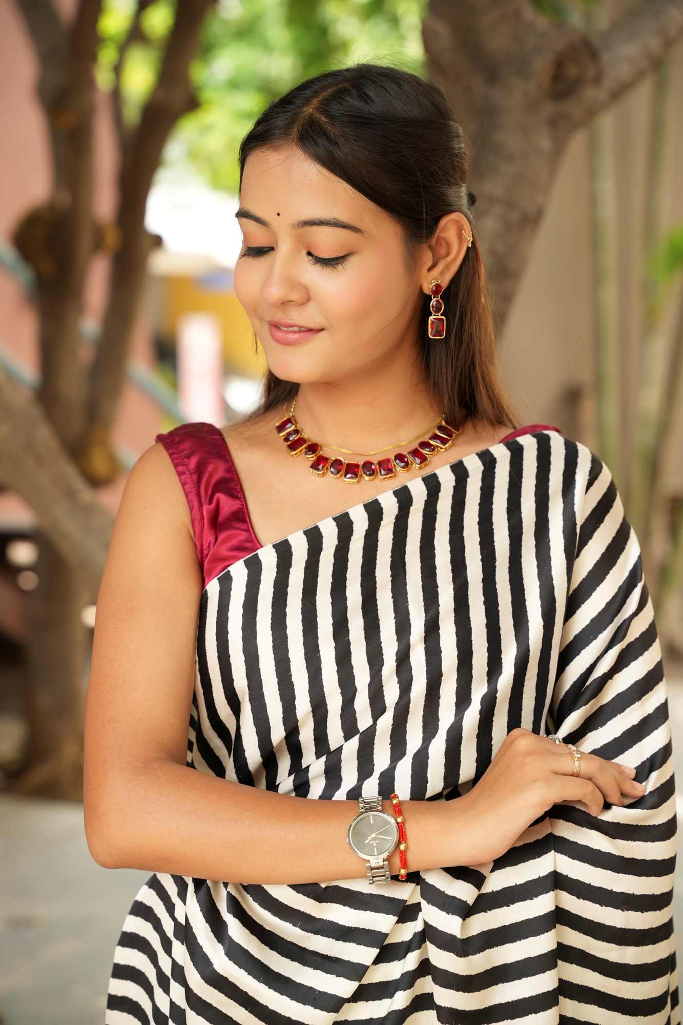 Soft Silk Striped with Ajrakh Hand Block Printed Ready To Wear Saree