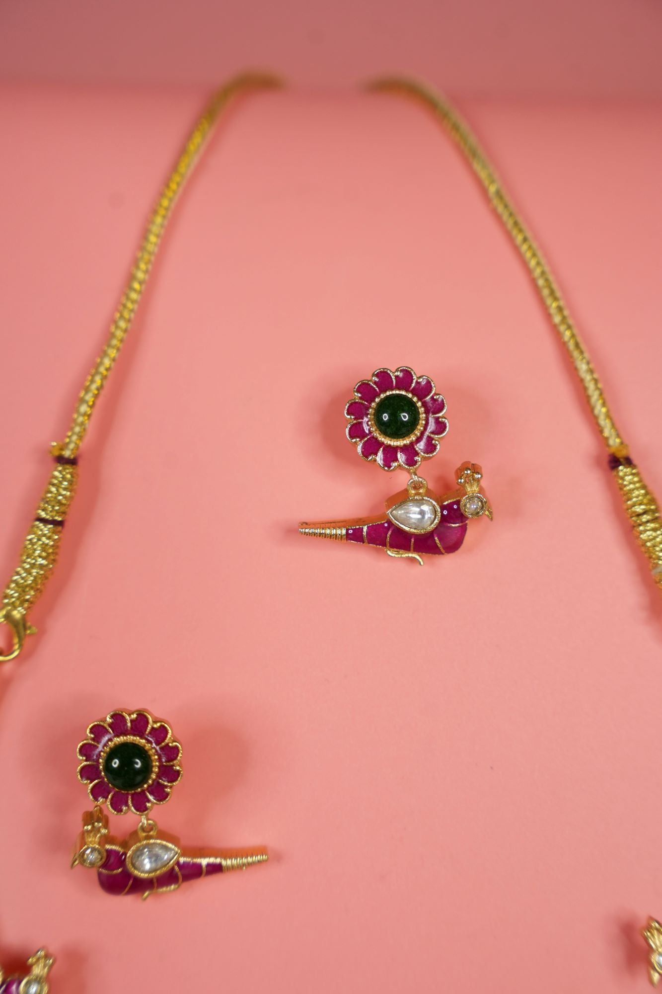 Enamel Peacock Motif Necklace Set & Lotus Pendant With Matching Earring