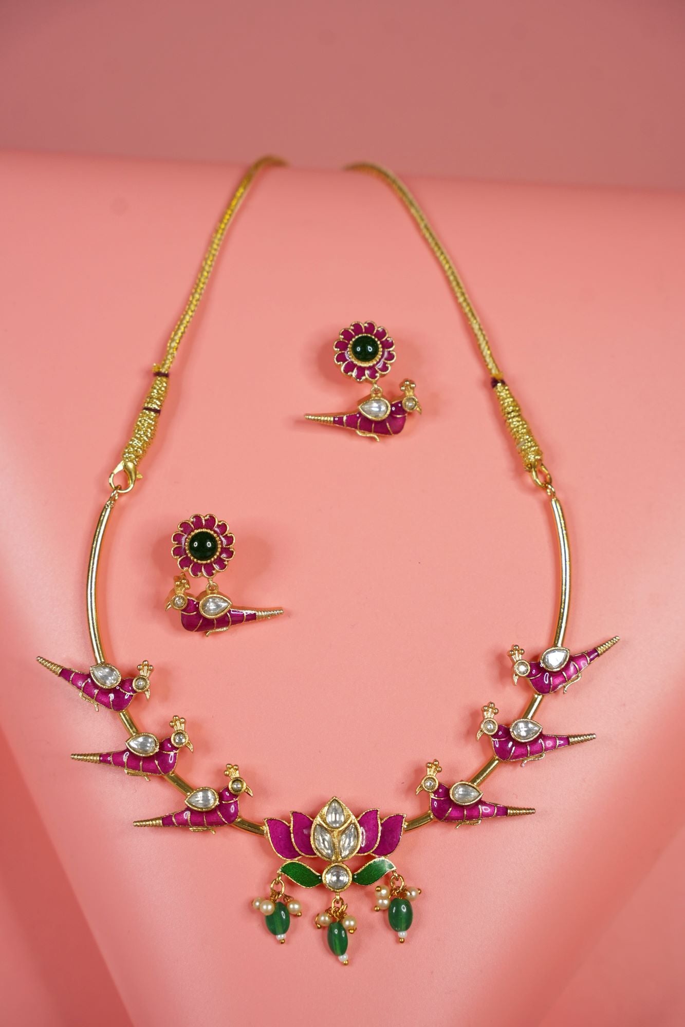 Enamel Peacock Motif Necklace Set & Lotus Pendant With Matching Earring