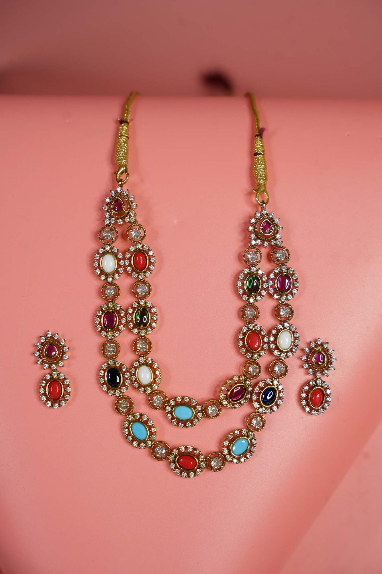 Regal Navaratna-Inspired Kundan Necklace Set With Matching Earring