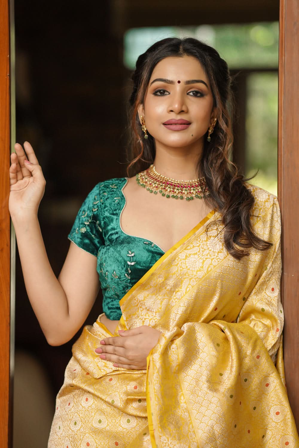 Rama green velvet with Antique Gold sequins Arch Neck blouse, Made to Order | SHOBITAM