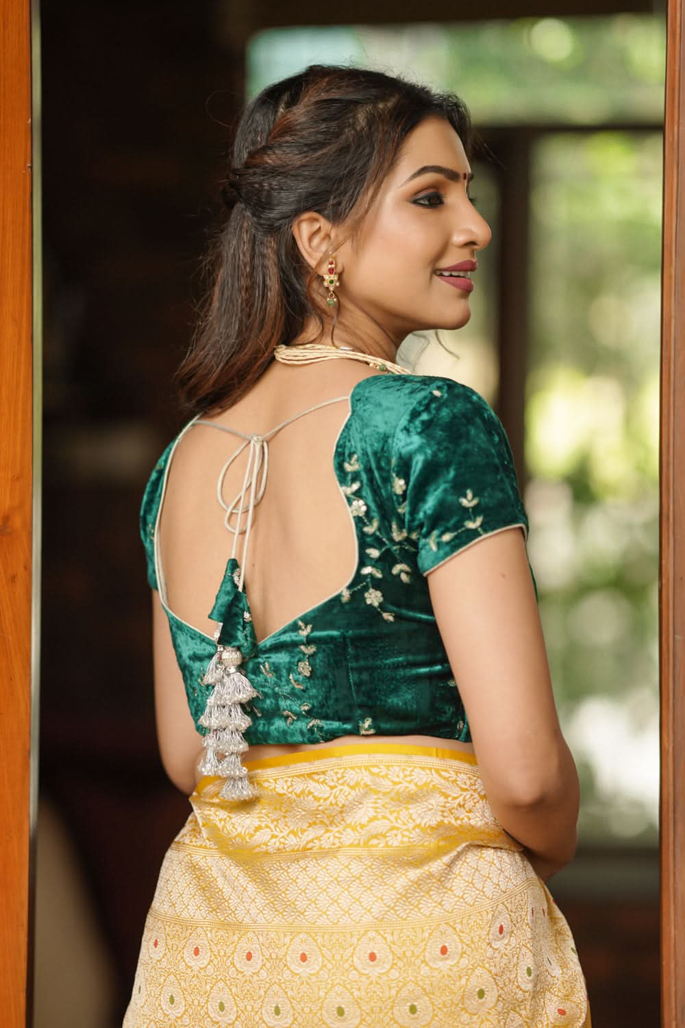 Rama green velvet with Antique Gold sequins Arch Neck blouse, Made to Order | SHOBITAM