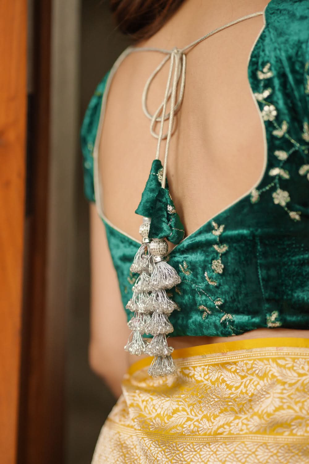 Rama green velvet with Antique Gold sequins Arch Neck blouse, Made to Order | SHOBITAM