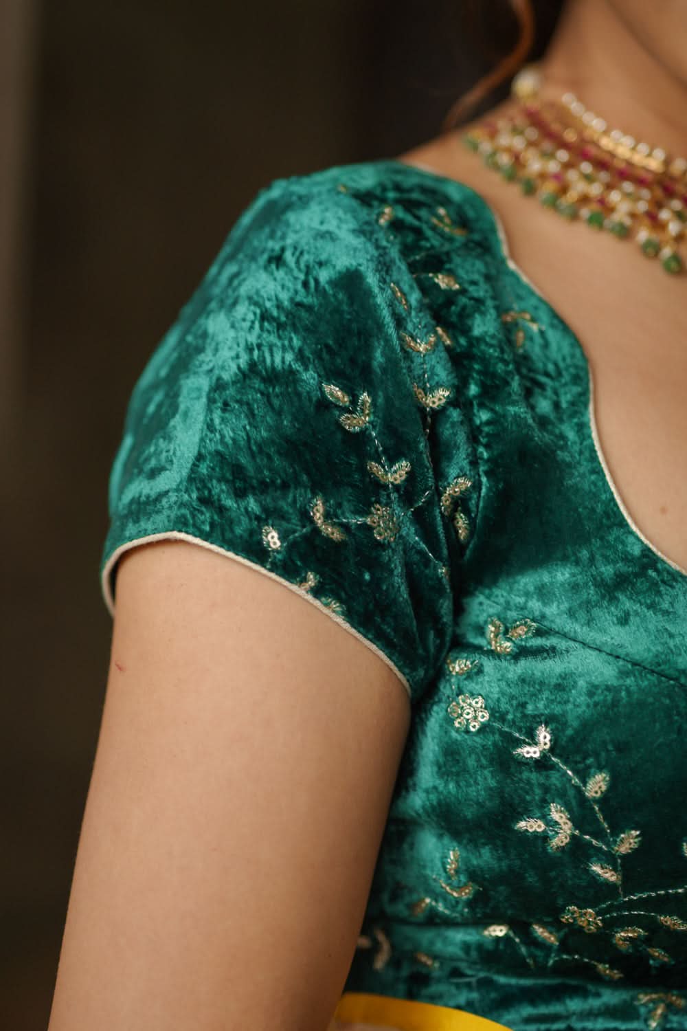Rama green velvet with Antique Gold sequins Arch Neck blouse, Made to Order | SHOBITAM
