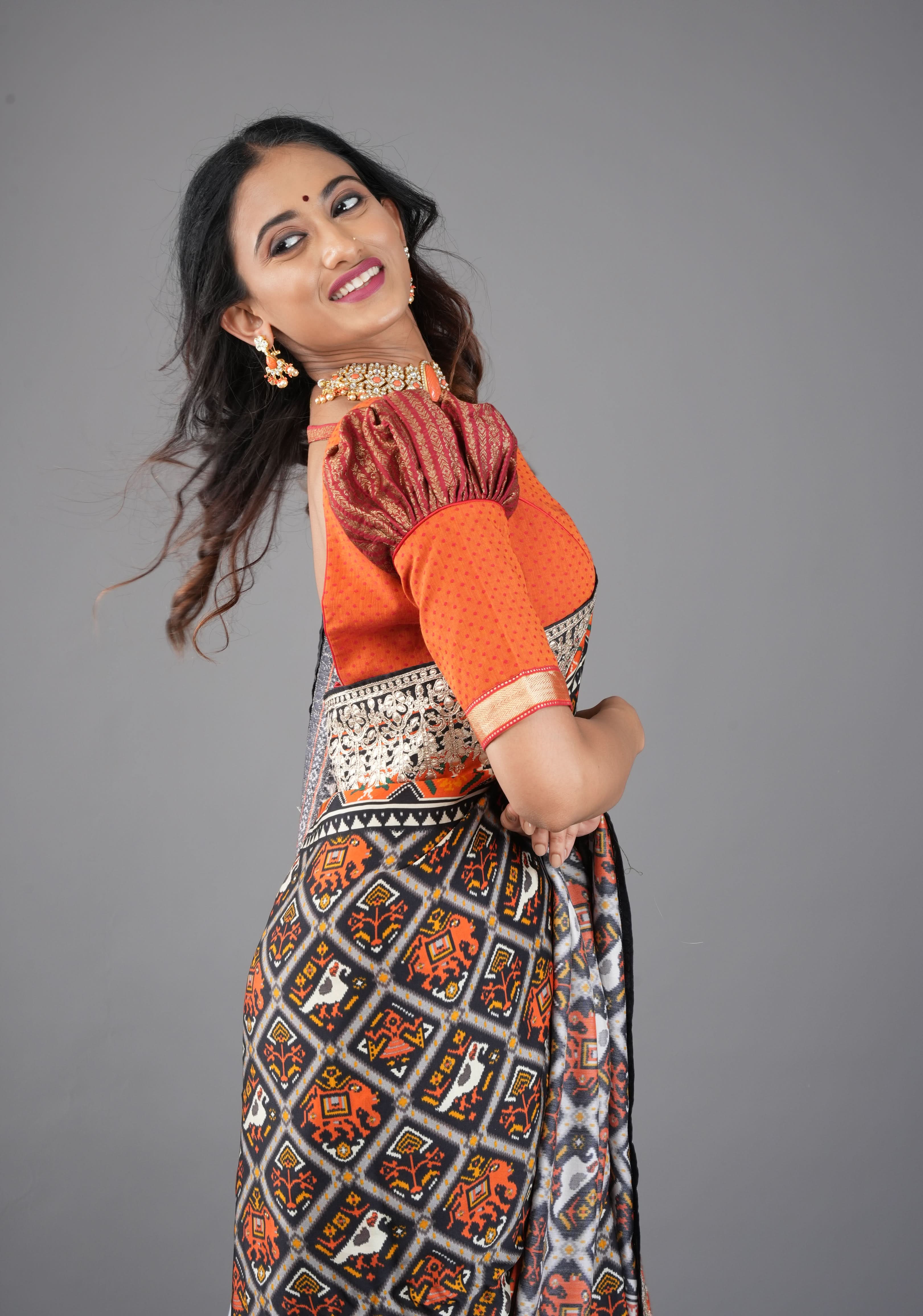 Orange Mangalagiri cotton with Maroon brocade puff sleeve detailing, Customizable, Made to order | Shobitam