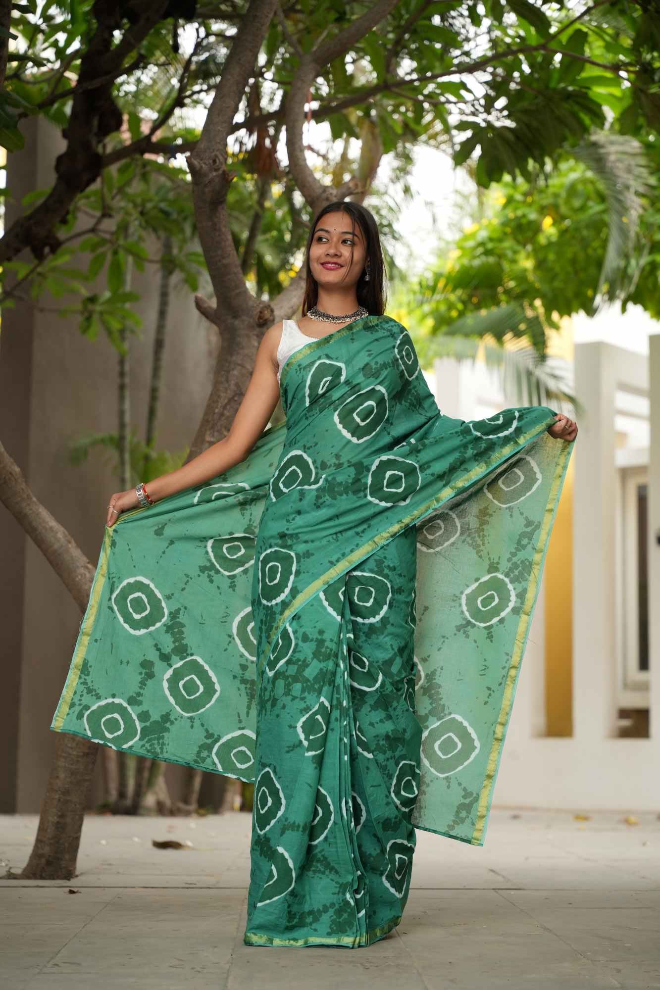 Cotton Teal Tie-Dye with White Circular Motifs and Subtle Zari Border Ready To Wear Saree