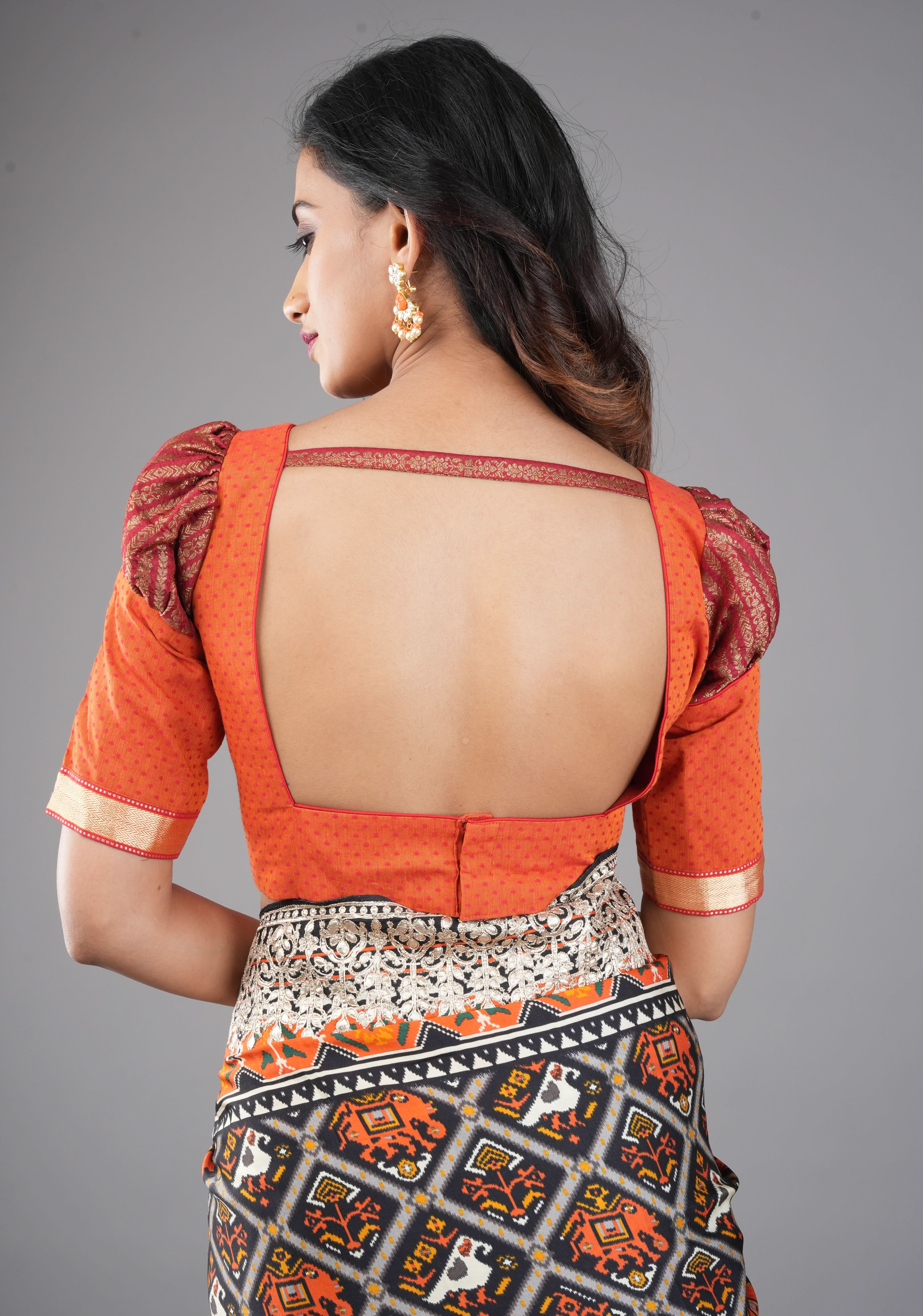 Orange Mangalagiri cotton with Maroon brocade puff sleeve detailing, Customizable, Made to order | Shobitam