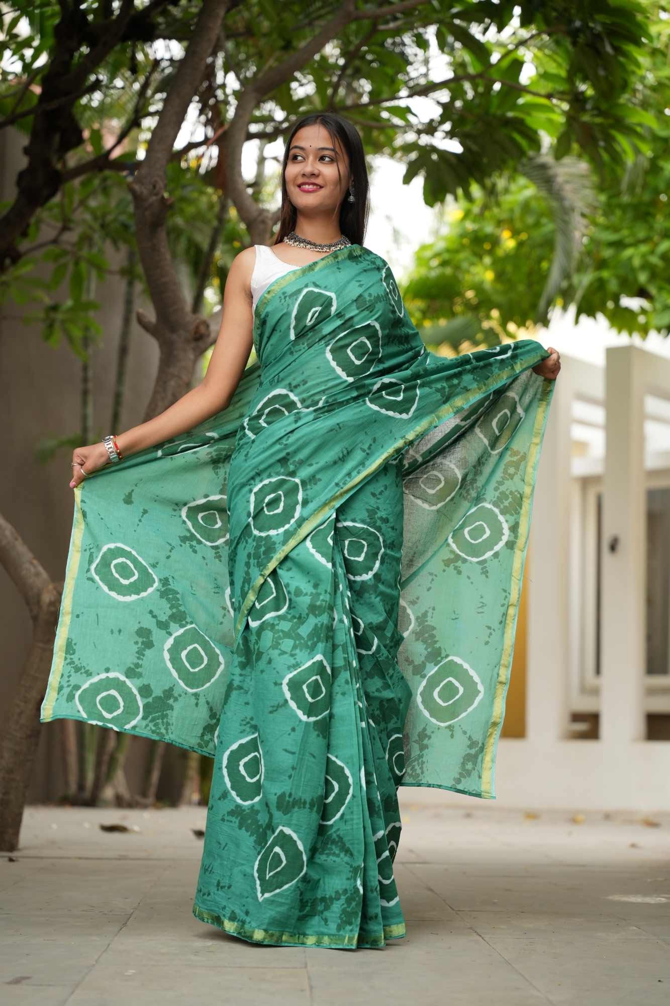 Cotton Teal Tie-Dye with White Circular Motifs and Subtle Zari Border Ready To Wear Saree