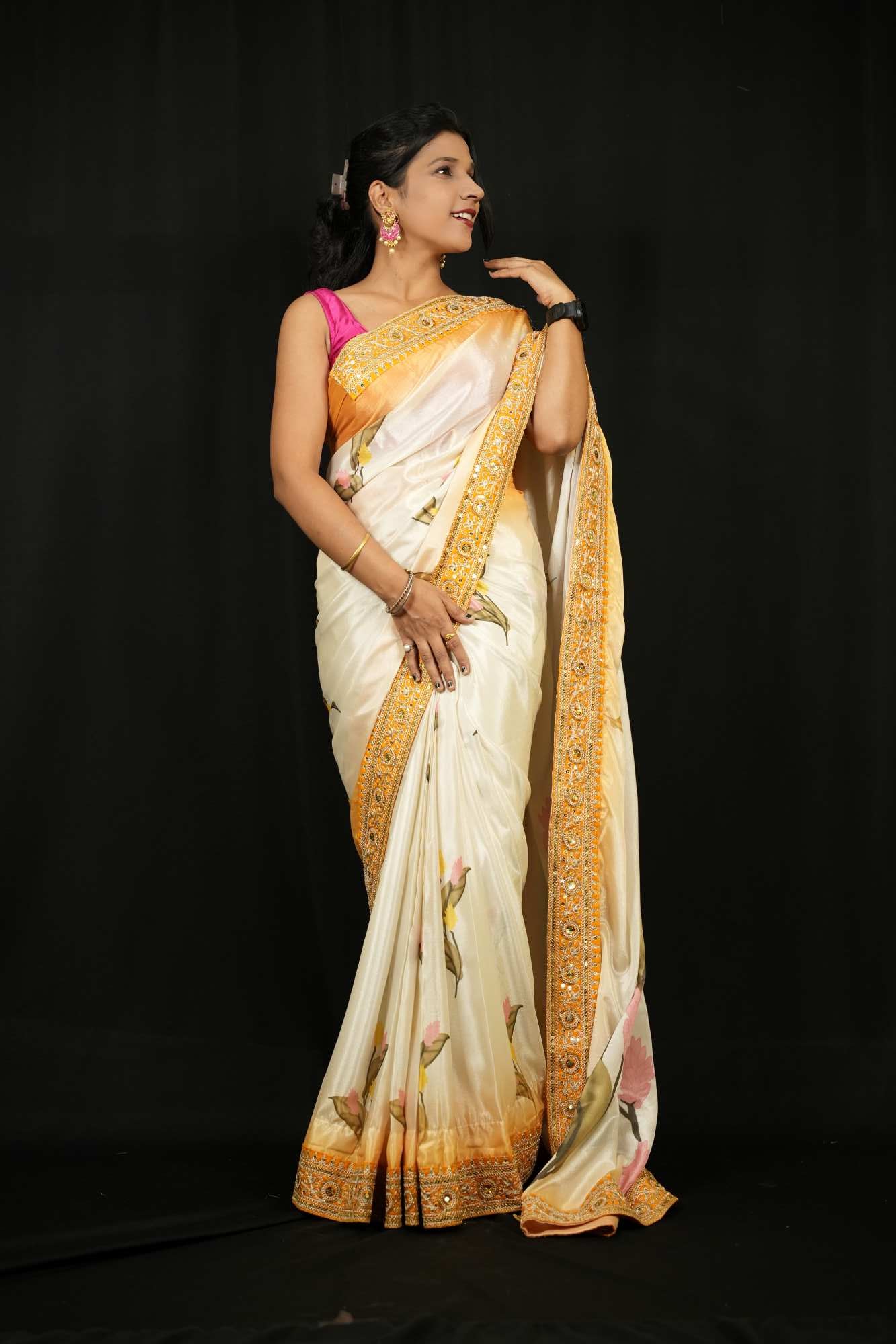 Madhuri Dixit inspired Beautiful Soft Chinnon with Floral Print & Coding Embroidery work Lace Border Wrap in 1 Minute Saree