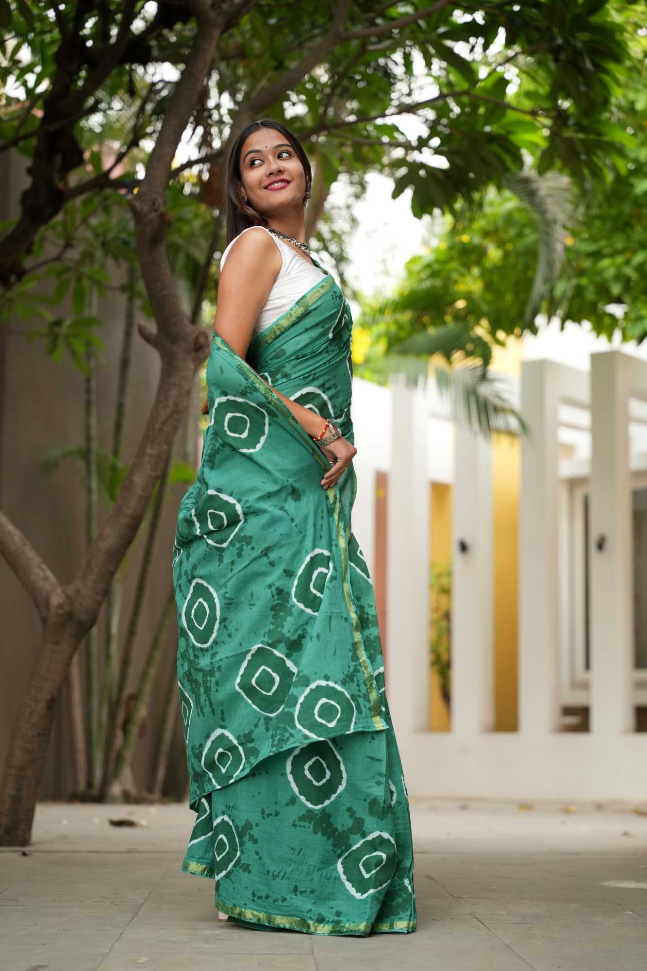 Cotton Teal Tie-Dye with White Circular Motifs and Subtle Zari Border Ready To Wear Saree