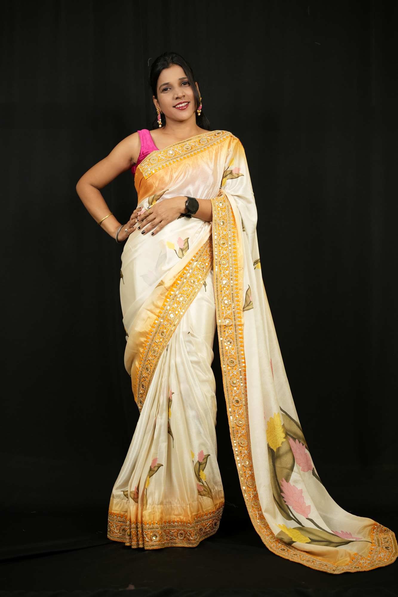 Madhuri Dixit inspired Beautiful Soft Chinnon with Floral Print & Coding Embroidery work Lace Border Wrap in 1 Minute Saree