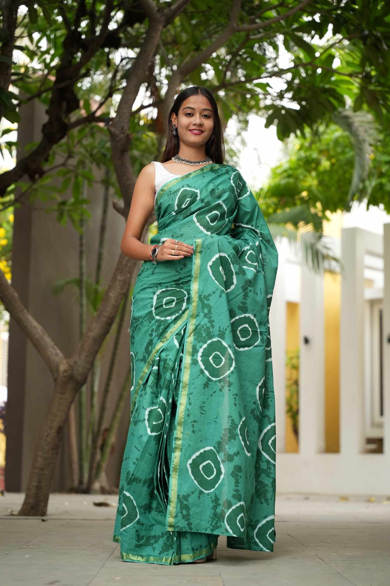 Cotton Teal Tie-Dye with White Circular Motifs and Subtle Zari Border Ready To Wear Saree