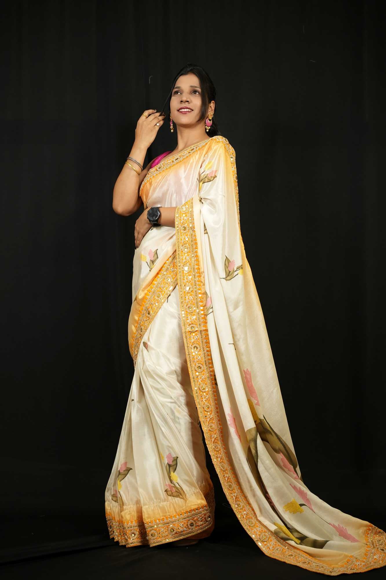 Madhuri Dixit inspired Beautiful Soft Chinnon with Floral Print & Coding Embroidery work Lace Border Wrap in 1 Minute Saree