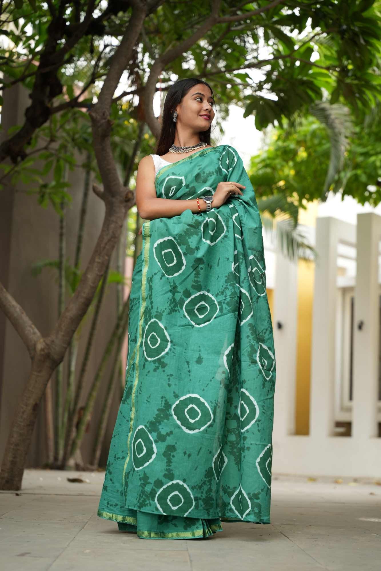Cotton Teal Tie-Dye with White Circular Motifs and Subtle Zari Border Ready To Wear Saree