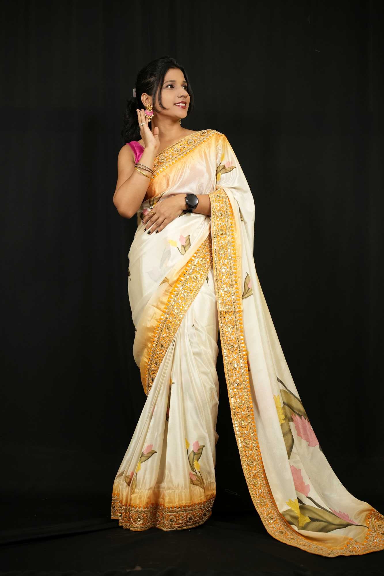 Madhuri Dixit inspired Beautiful Soft Chinnon with Floral Print & Coding Embroidery work Lace Border Wrap in 1 Minute Saree