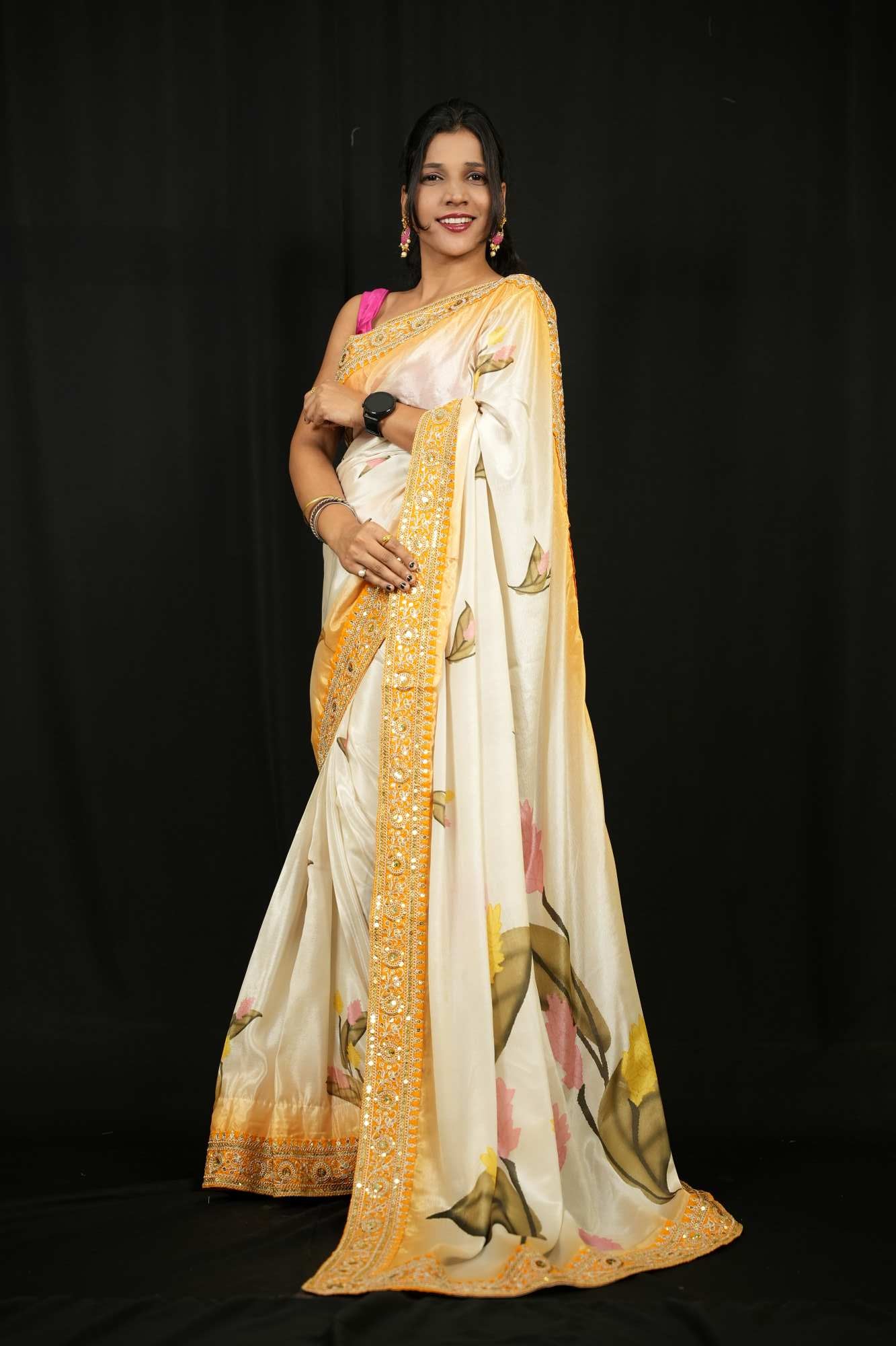 Madhuri Dixit inspired Beautiful Soft Chinnon with Floral Print & Coding Embroidery work Lace Border Wrap in 1 Minute Saree