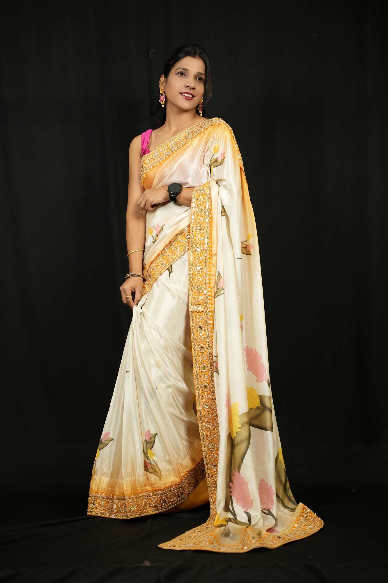 Madhuri Dixit inspired Beautiful Soft Chinnon with Floral Print & Coding Embroidery work Lace Border Wrap in 1 Minute Saree