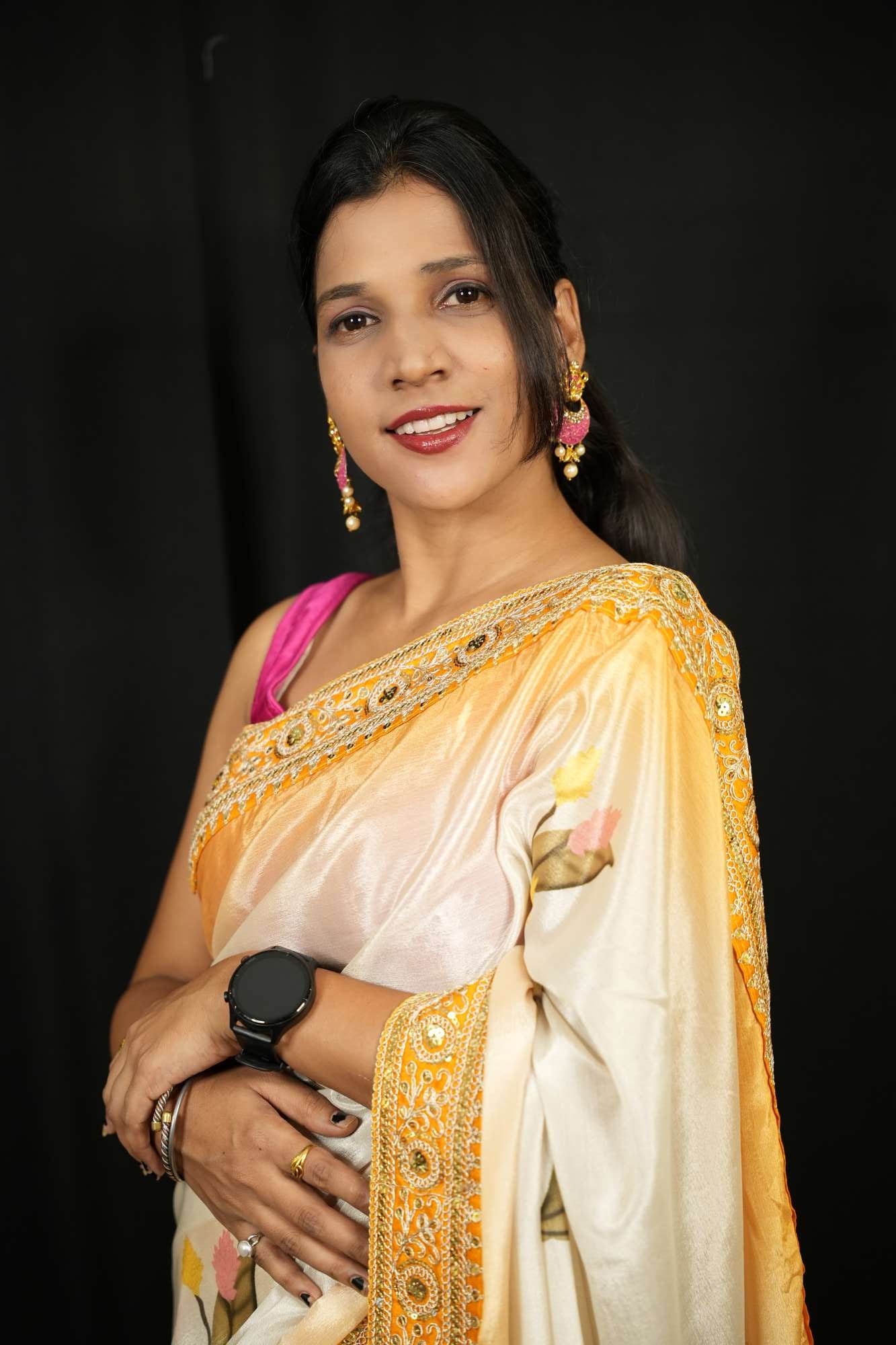 Madhuri Dixit inspired Beautiful Soft Chinnon with Floral Print & Coding Embroidery work Lace Border Wrap in 1 Minute Saree