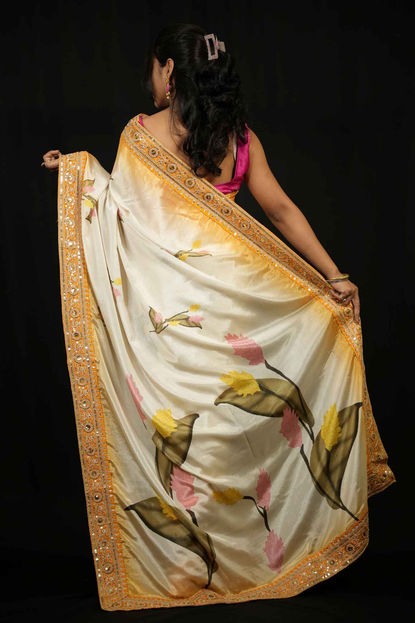 Madhuri Dixit inspired Beautiful Soft Chinnon with Floral Print & Coding Embroidery work Lace Border Wrap in 1 Minute Saree