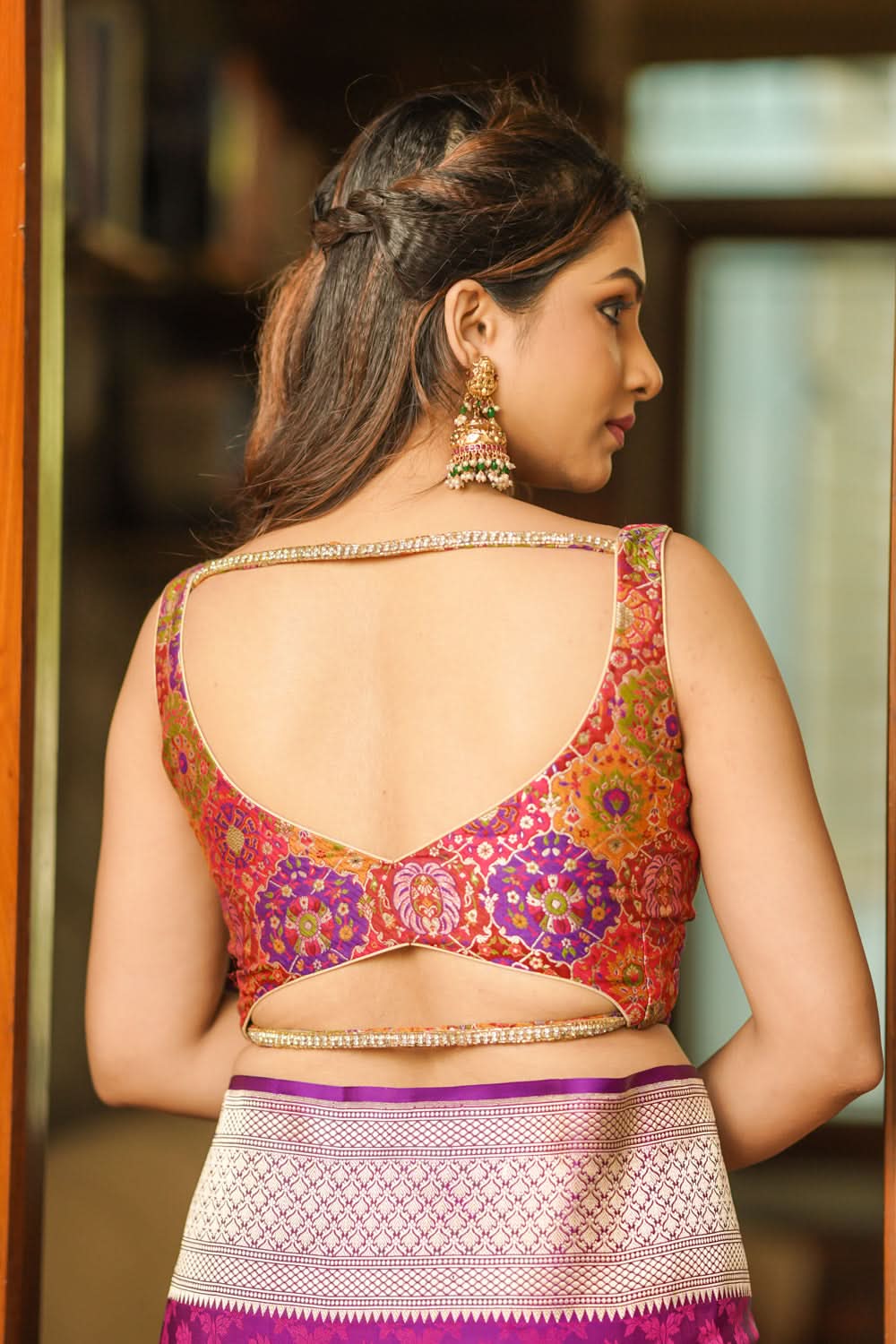 Made To Order: Banarasi Multicolor Brocade blouse with Cutdana Straps | Shobitam