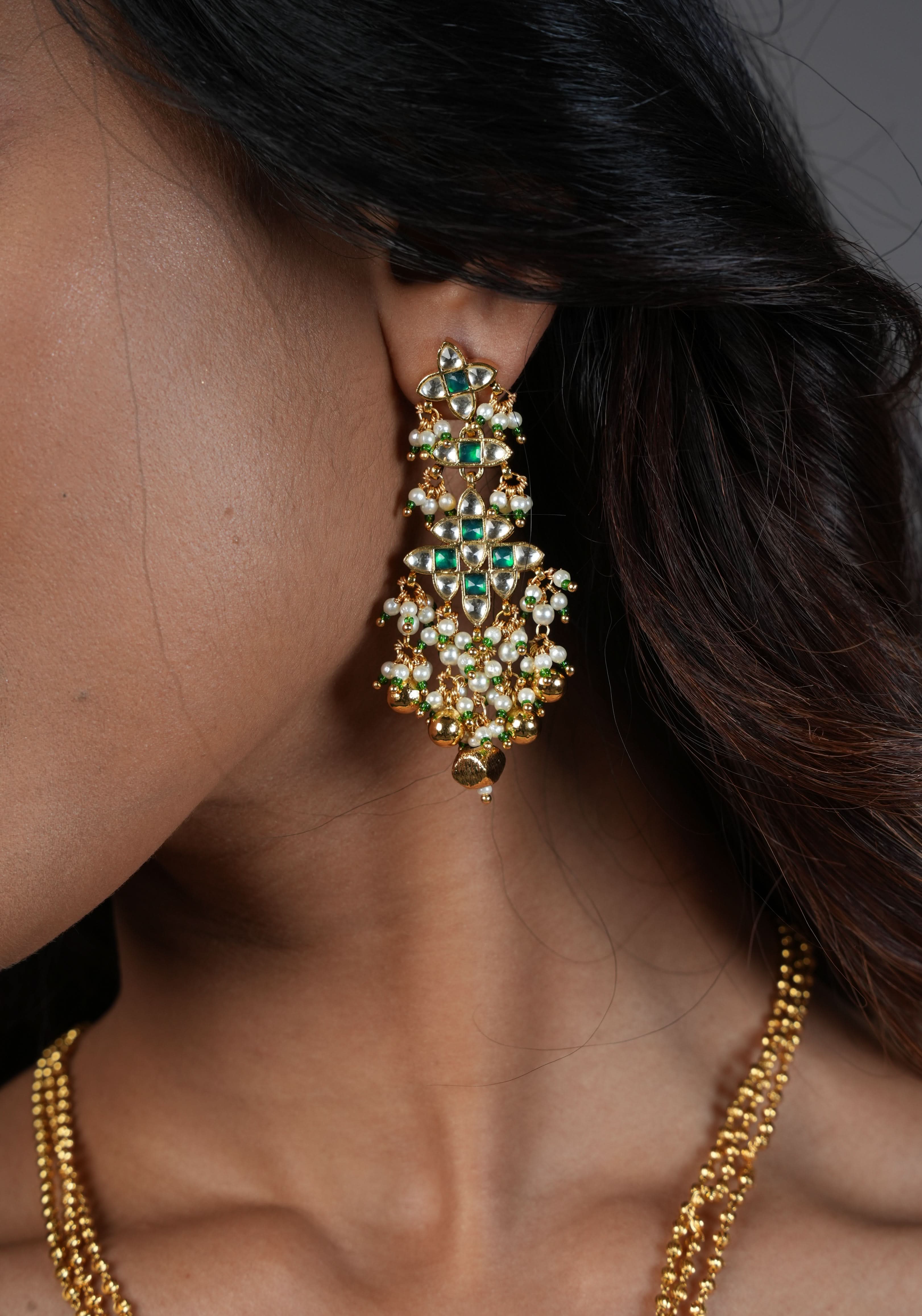 Rajwadi Rectangular Jadau Pendant with 3 strand necklace and dangling earrings, Microplated | SHOBITAM