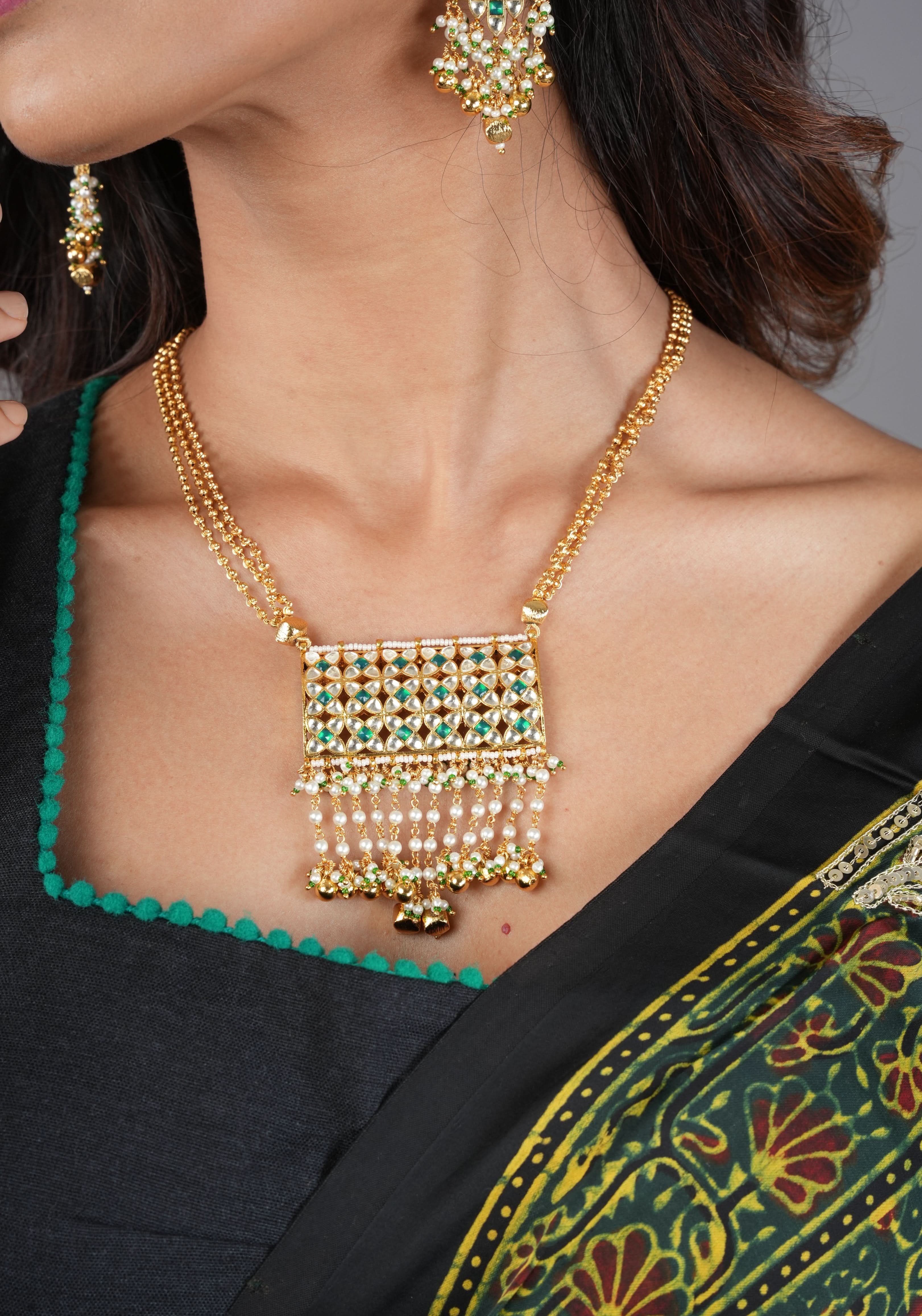 Rajwadi Rectangular Jadau Pendant with 3 strand necklace and dangling earrings, Microplated | SHOBITAM