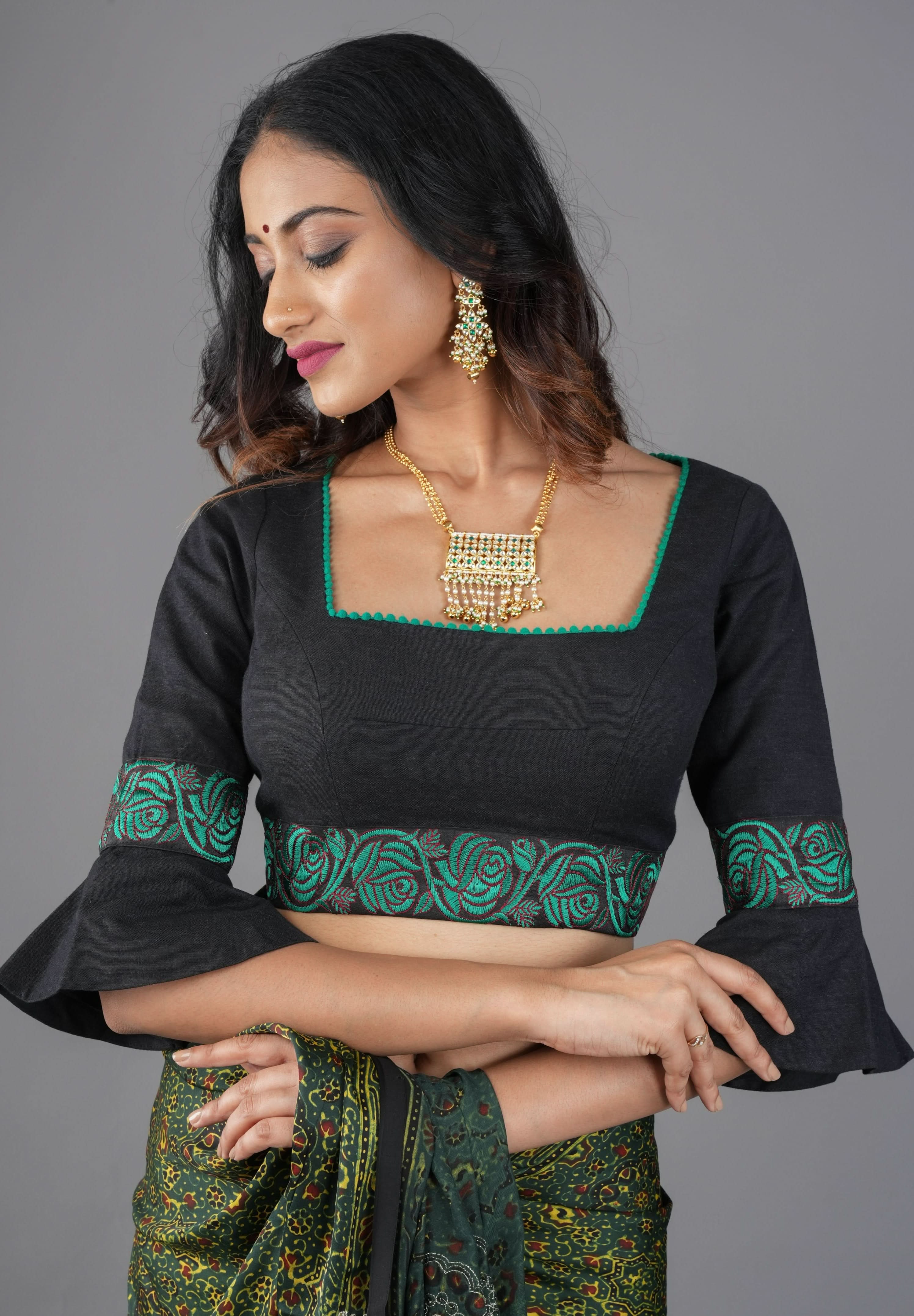 Black and Teal Cotton Blouse with flared Sleeves and Square neck, Customizable, Made To Order | Shobitam