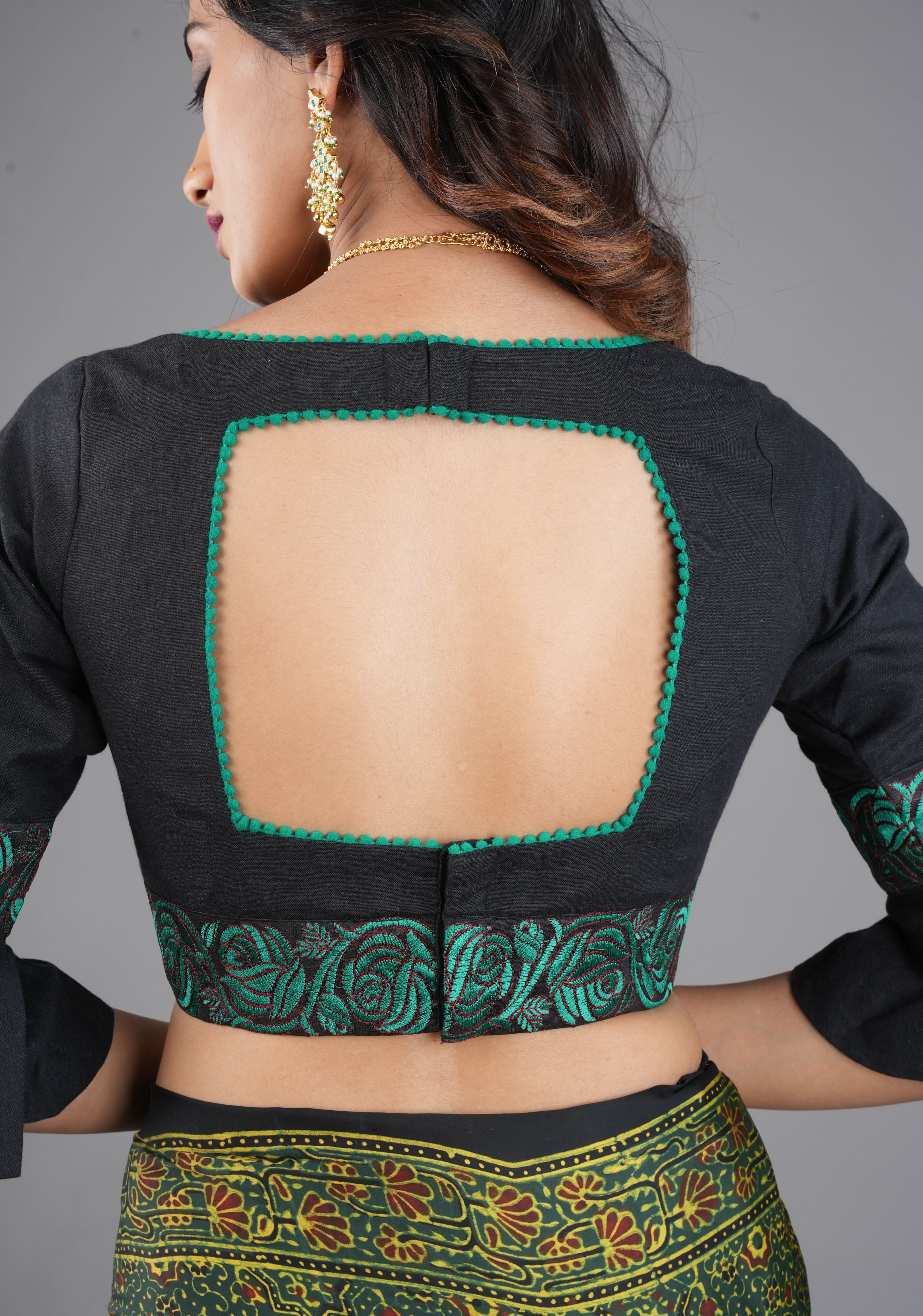 Black and Teal Cotton Blouse with flared Sleeves and Square neck, Customizable, Made To Order | Shobitam
