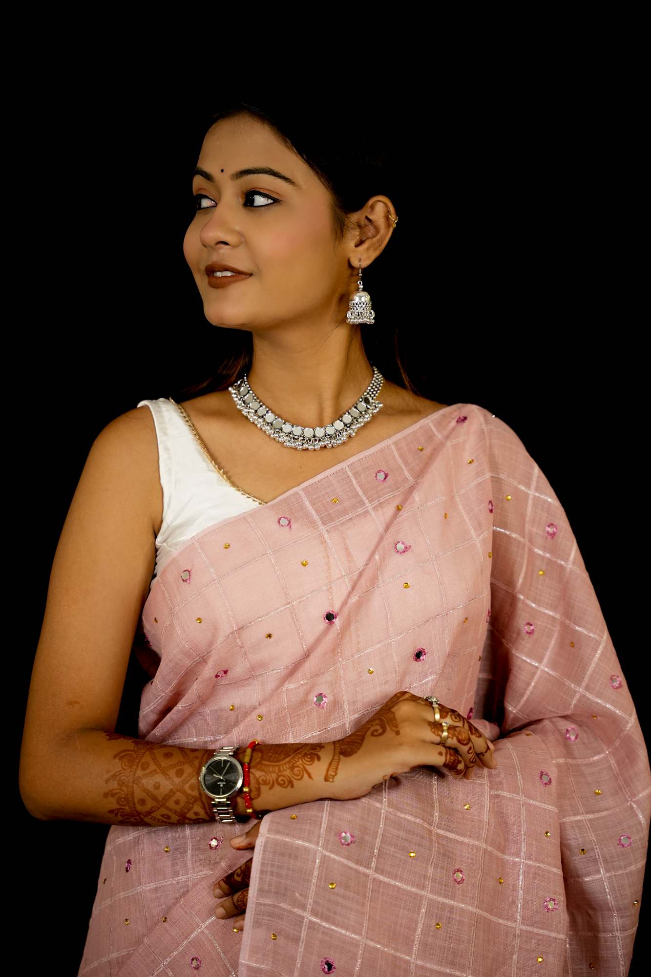 Linen with Velvet Chex and Mirror Embellishments Ready To Wear Saree