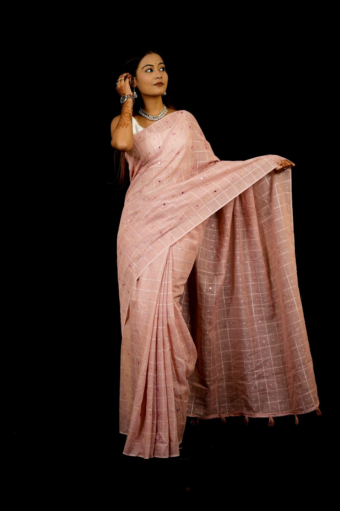Linen with Velvet Chex and Mirror Embellishments Ready To Wear Saree