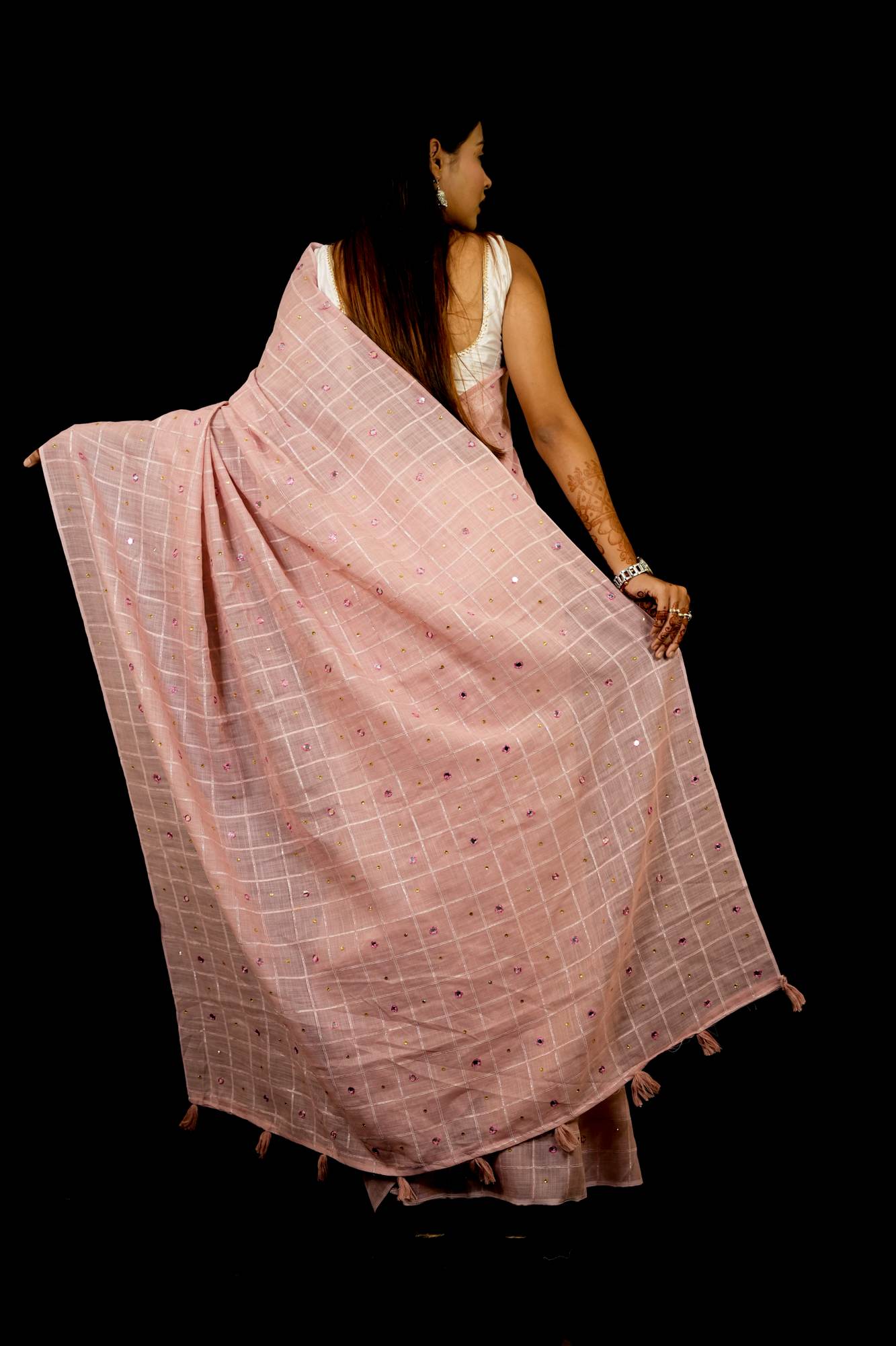 Linen with Velvet Chex and Mirror Embellishments Ready To Wear Saree