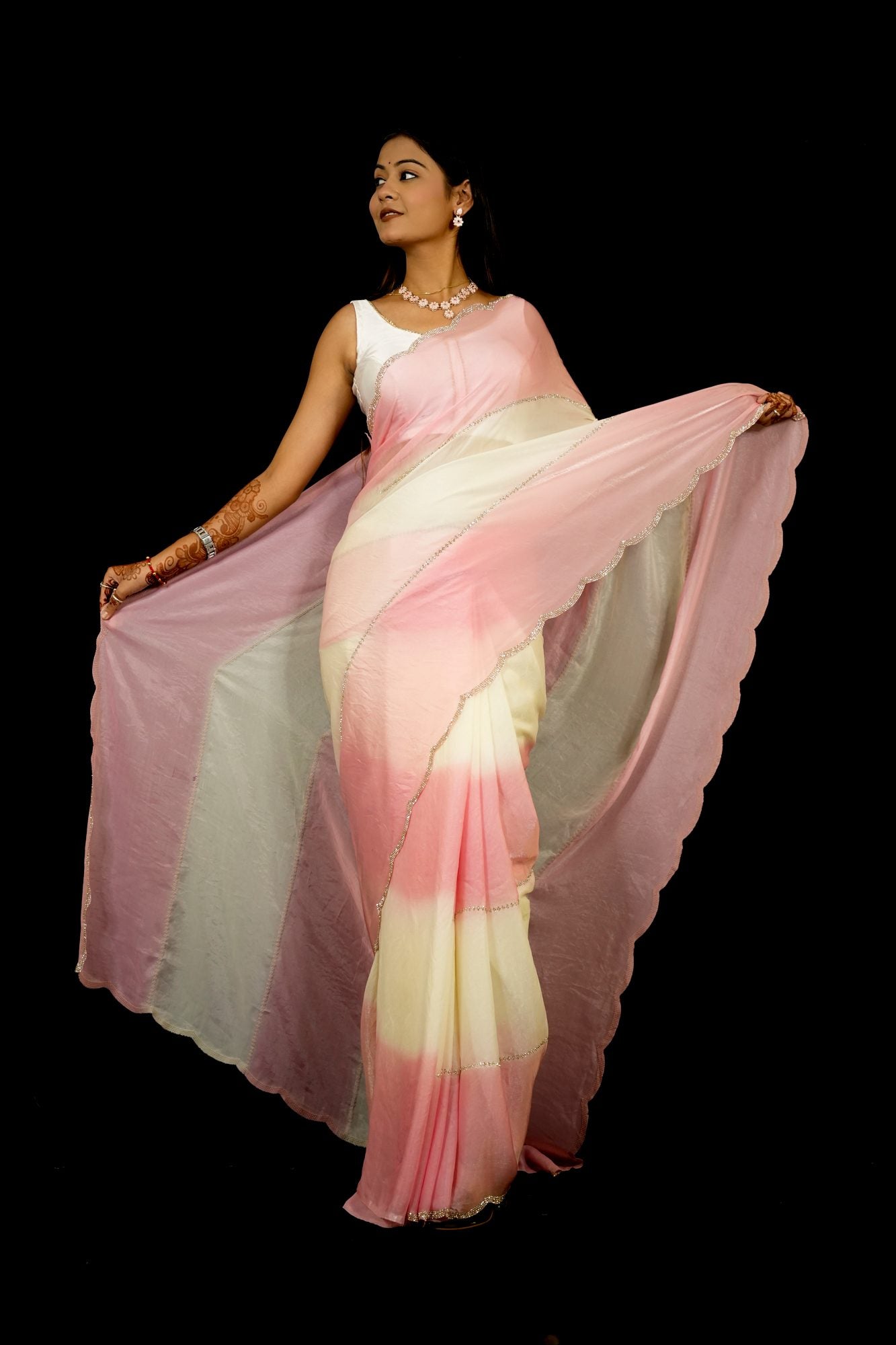 Space Silk with Jarkan Work and Scalloped Border Ready To Wear Saree