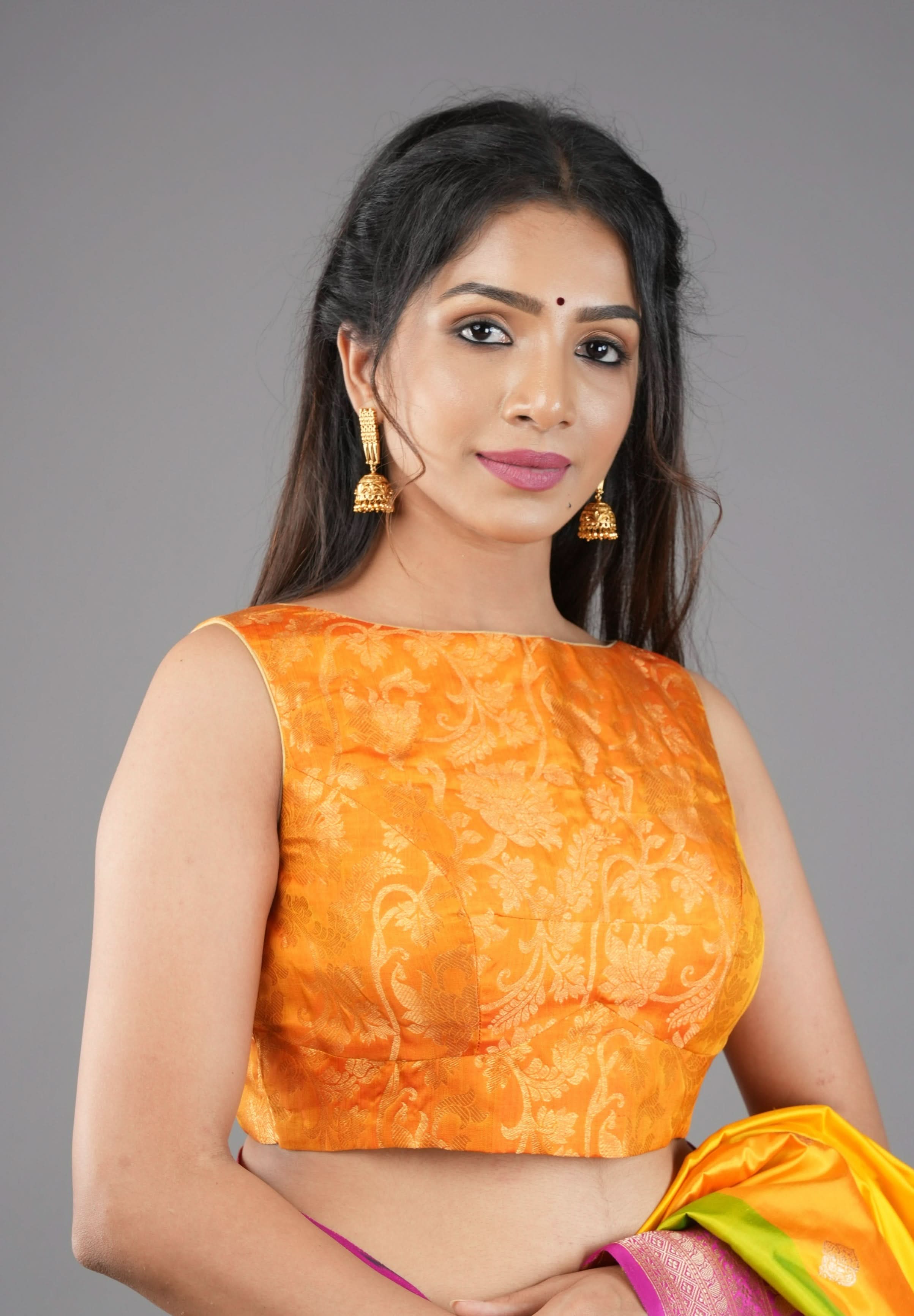 Orange Kanjivaram floral brocade sleeveless blouse, Customizable, Made to order | Shobitam