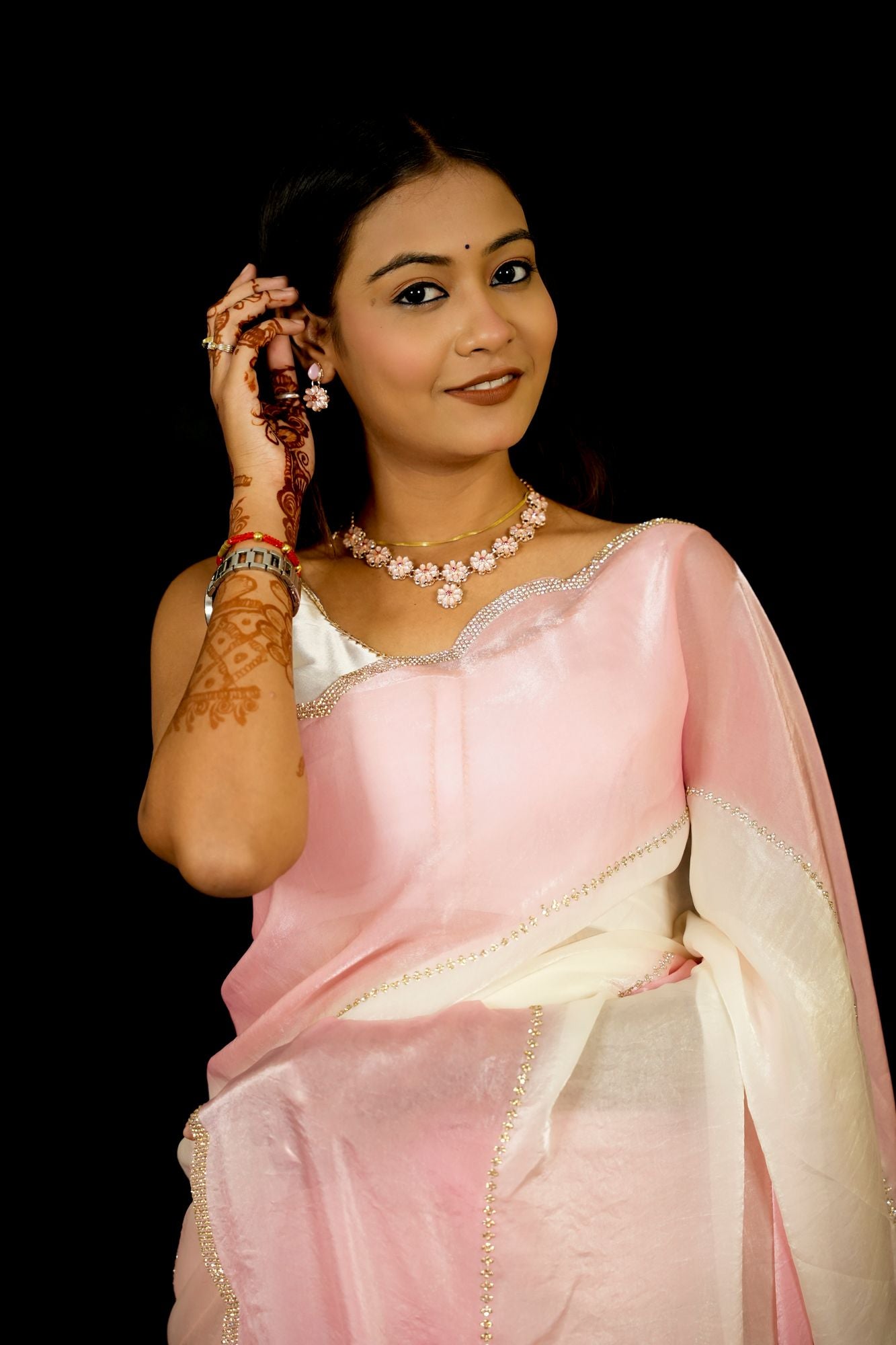 Space Silk with Jarkan Work and Scalloped Border Ready To Wear Saree