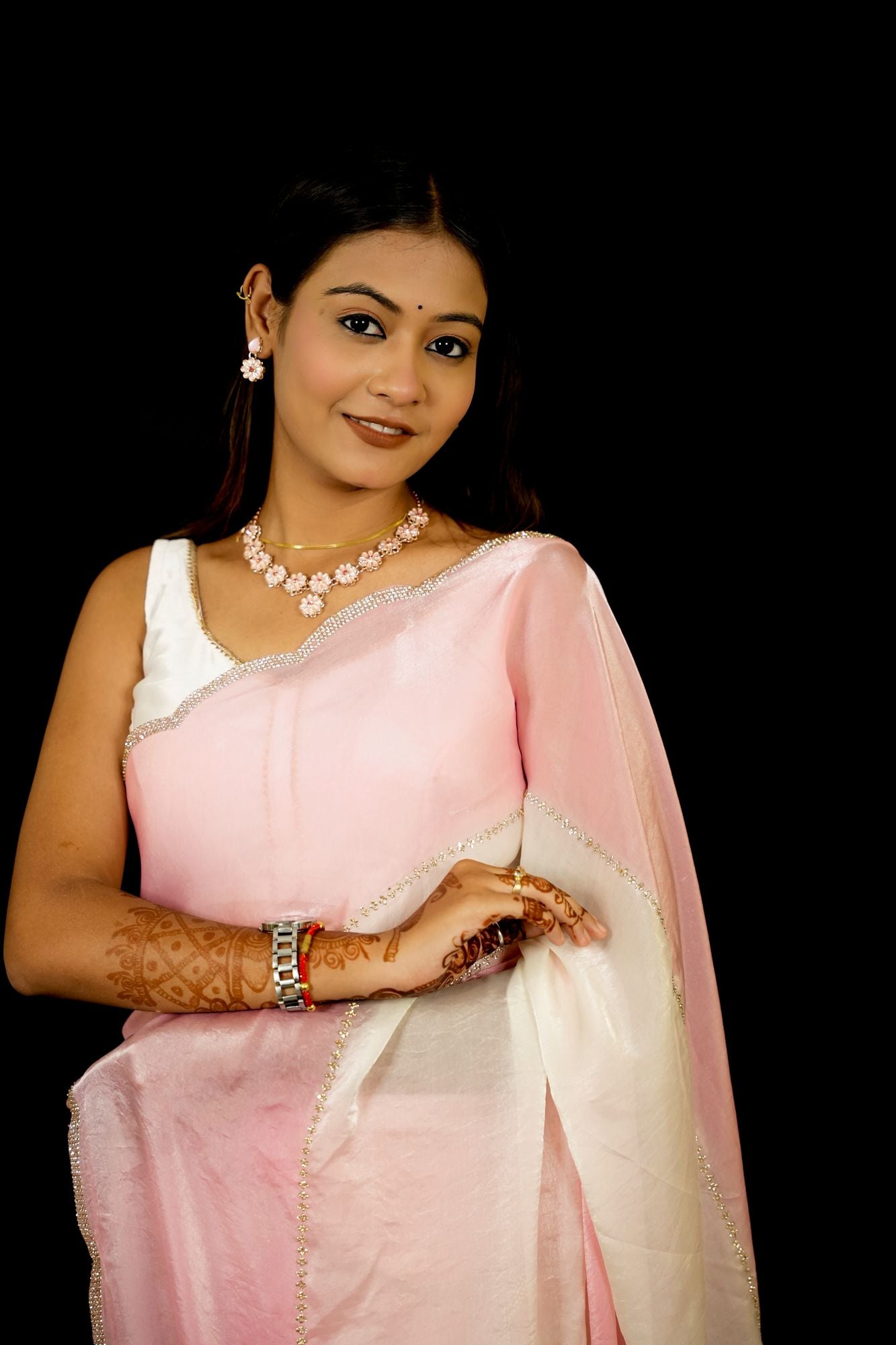 Space Silk with Jarkan Work and Scalloped Border Ready To Wear Saree