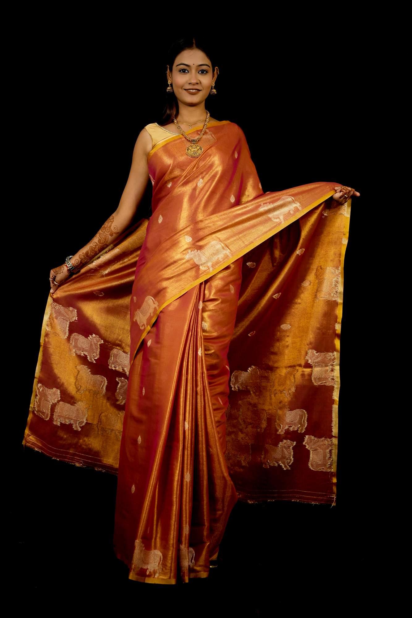 Zari Tissue Silk with Intricate Nandi Motifs Ready To Wear Saree