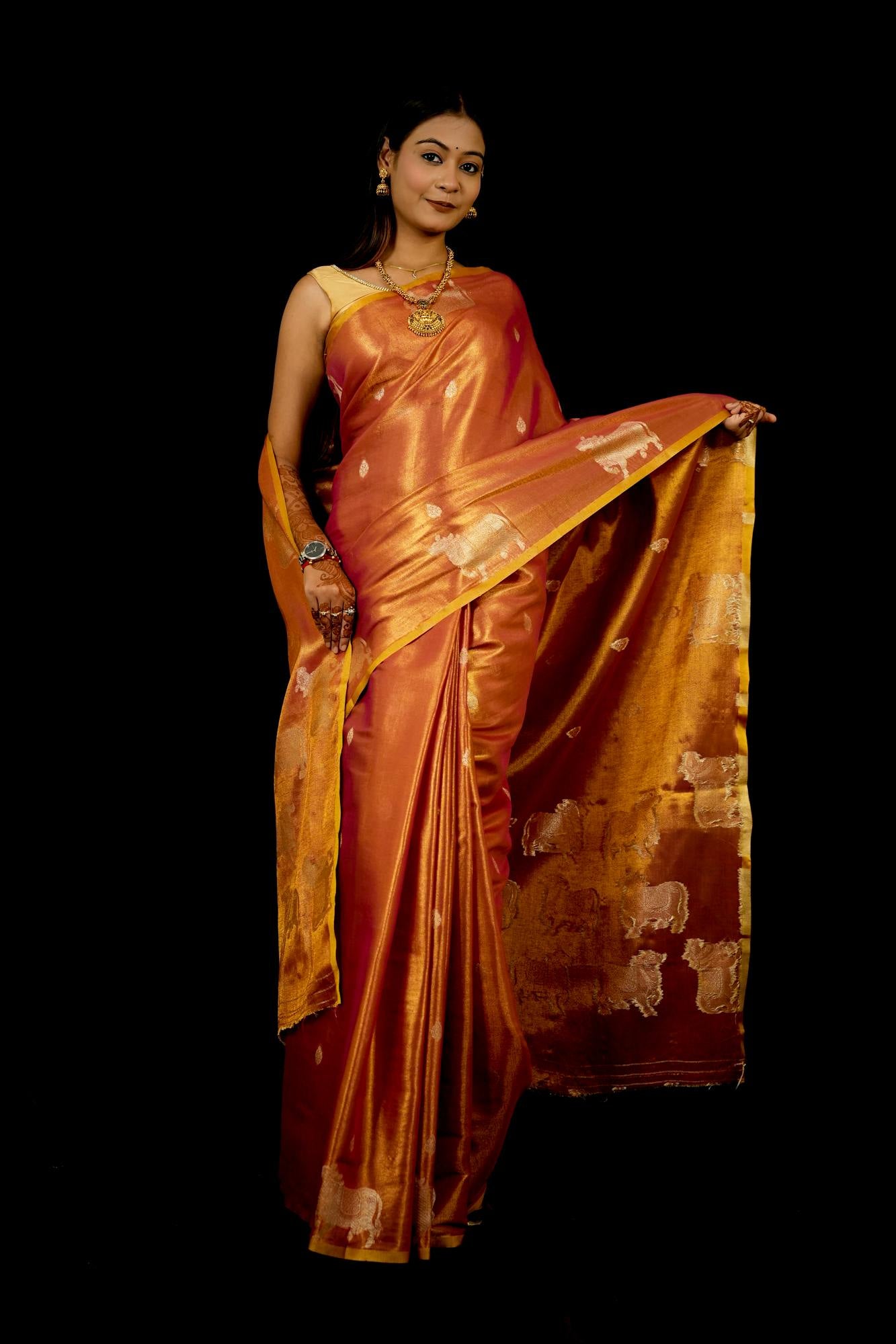Zari Tissue Silk with Intricate Nandi Motifs Ready To Wear Saree