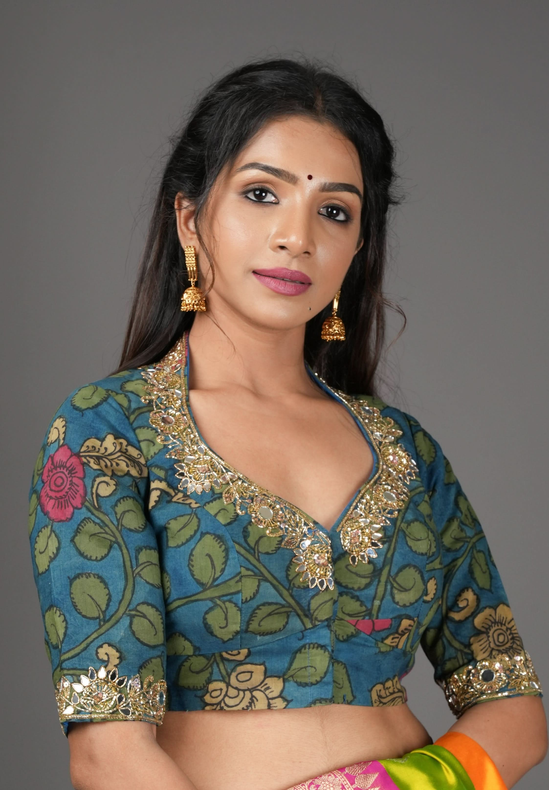 Teal Floral Authentic Pen Kalamkari Blouse with extensive Cutdana and Mirror work detailing, Customizable, Made To Order | Shobitam