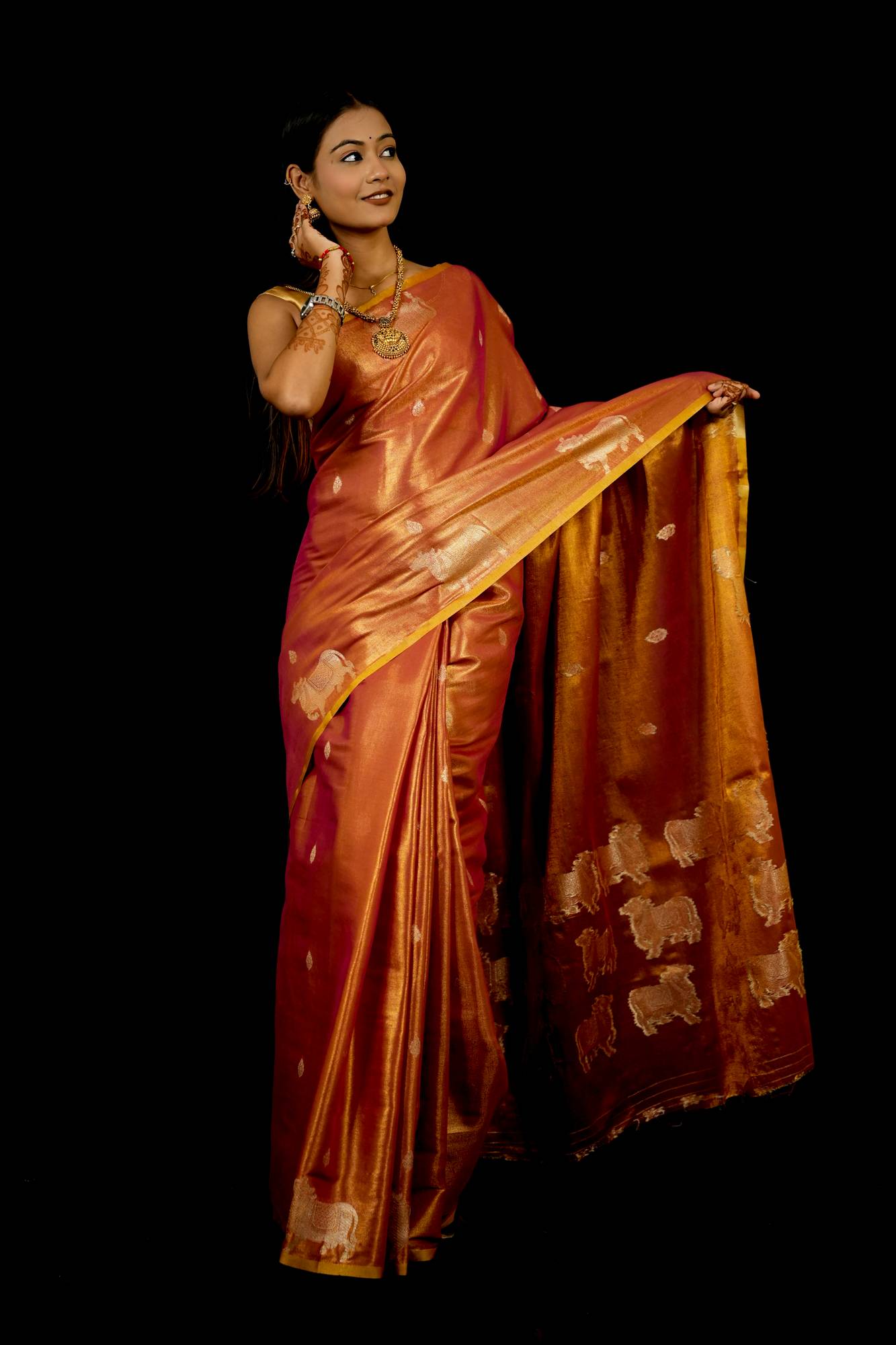 Zari Tissue Silk with Intricate Nandi Motifs Ready To Wear Saree